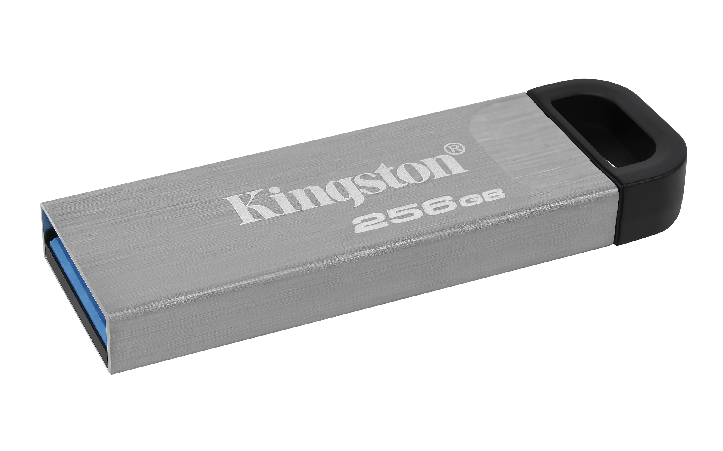 Srebrny pendrive Kingston z czarnymi akcentami, widoczna nazwa marki.