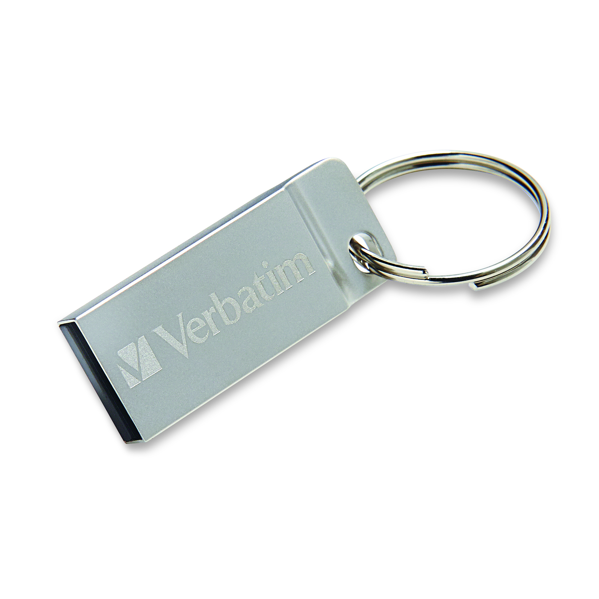 Srebrny pendrive USB z brelokiem. Białe tło.