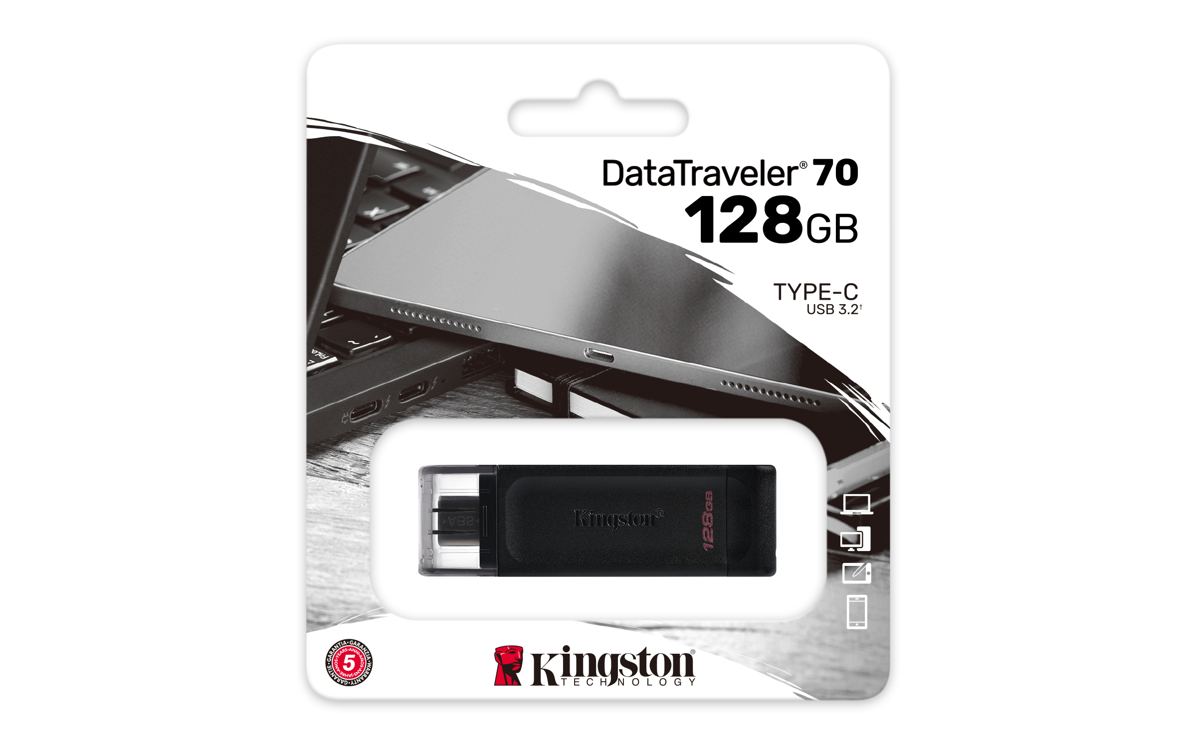 Zapakowany pendrive z etykietą DataTraveler 70, 128GB i USB 3.2, na białym tle.