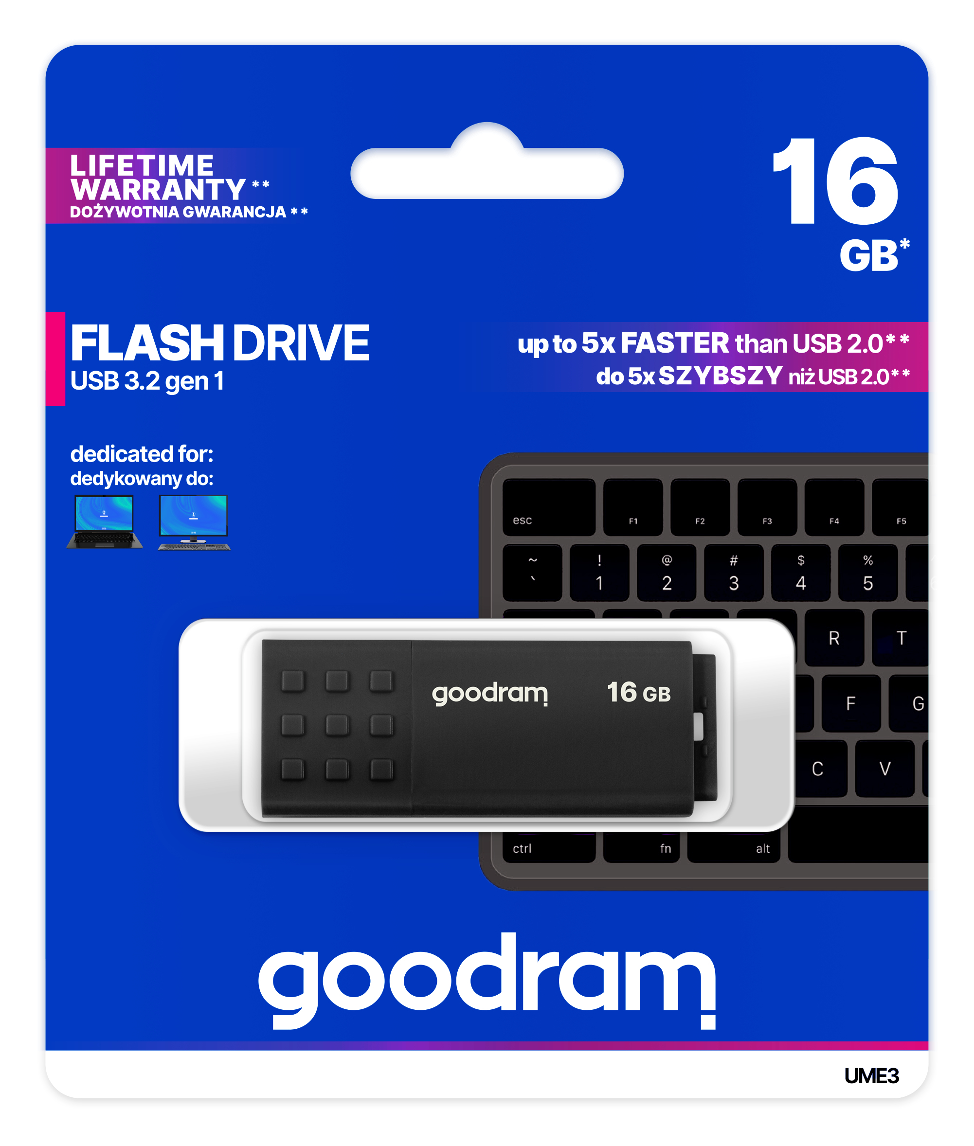 Opakowanie dysku flash. Czarny dysk flash z logo Goodram, 16 GB. Zawiera czarne tło klawiatury.