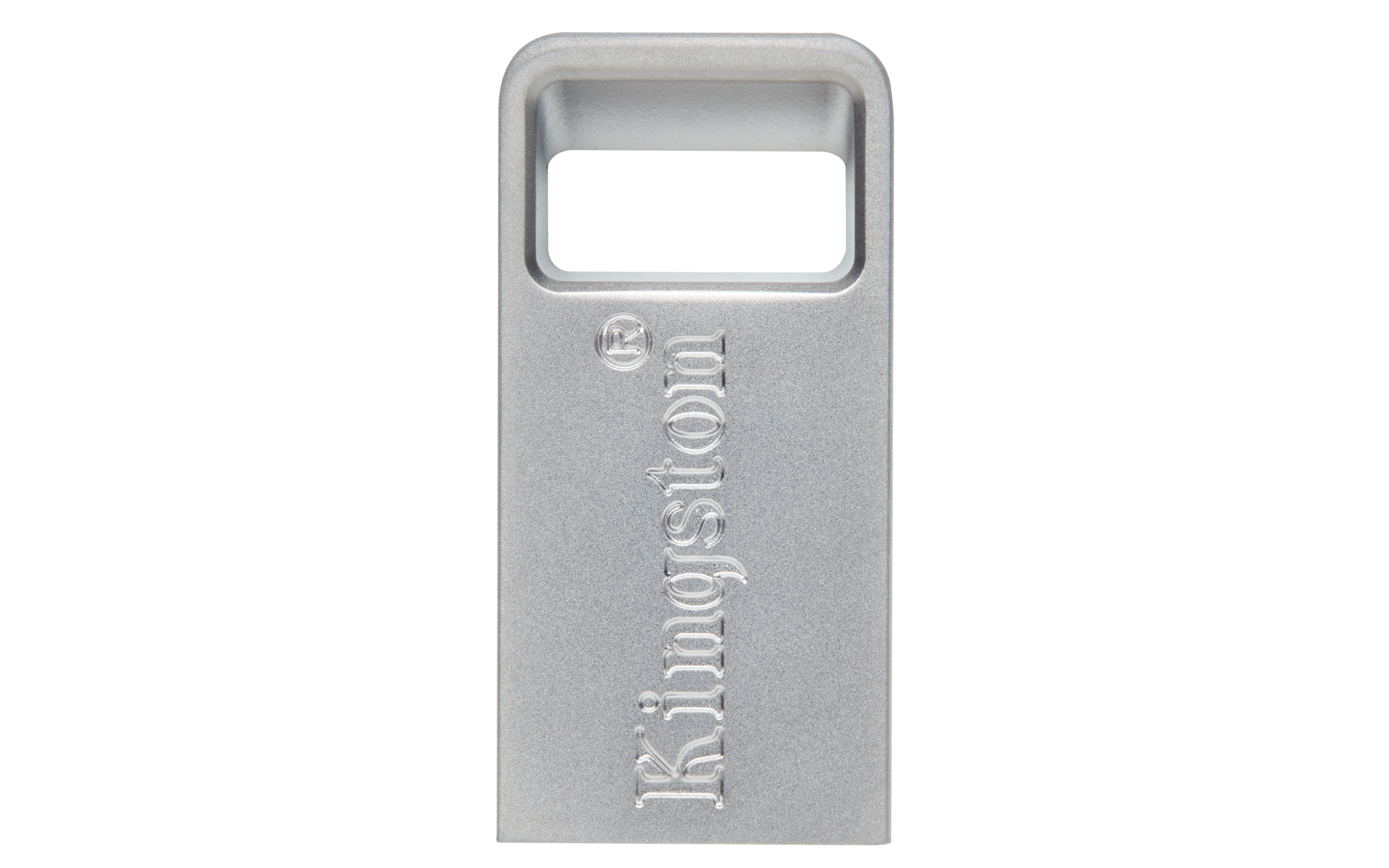 Srebrny pendrive z logo Kingston.