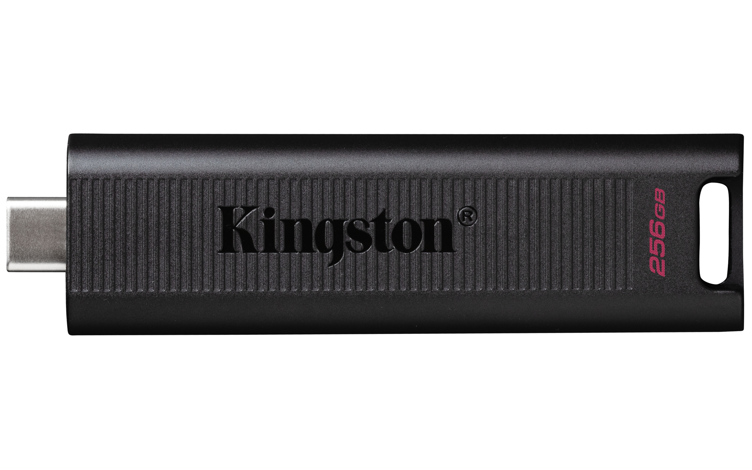 Czarny pendrive Kingston z oznaczeniami Kingston i 256GB.
