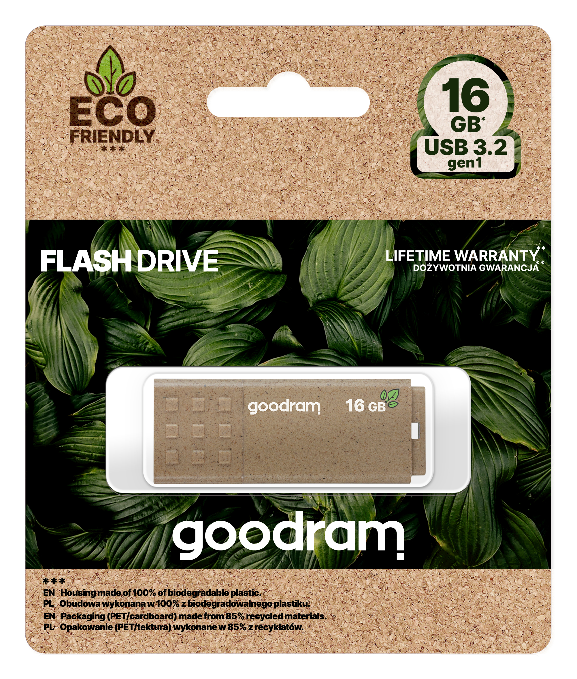 Pamięć flash z zielonym liściem i napisem 'ECO FRIENDLY' oraz 'goodram 16 GB'.