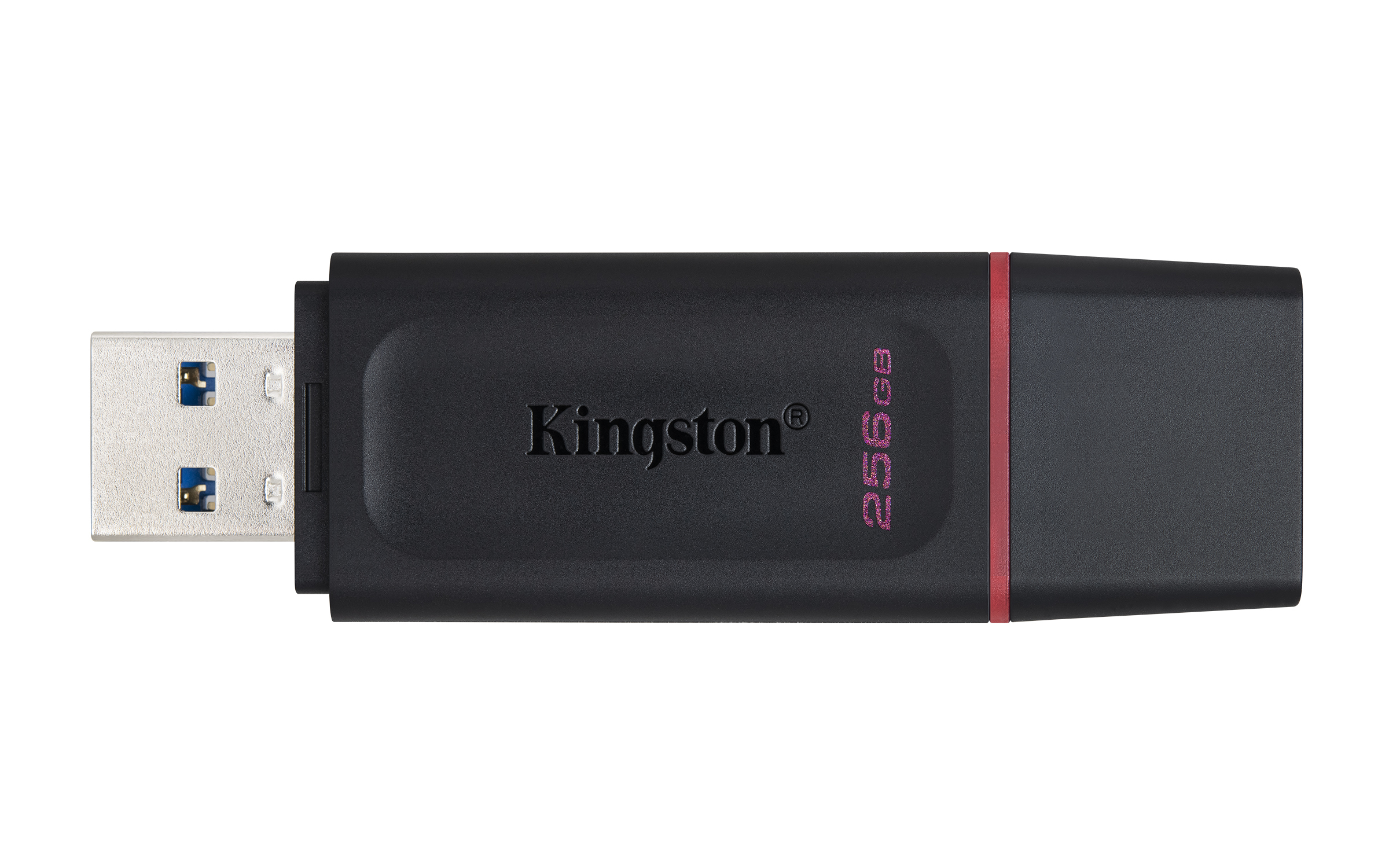 Czarny pendrive Kingston z czerwonym akcentem z boku. Etykieta 256GB.