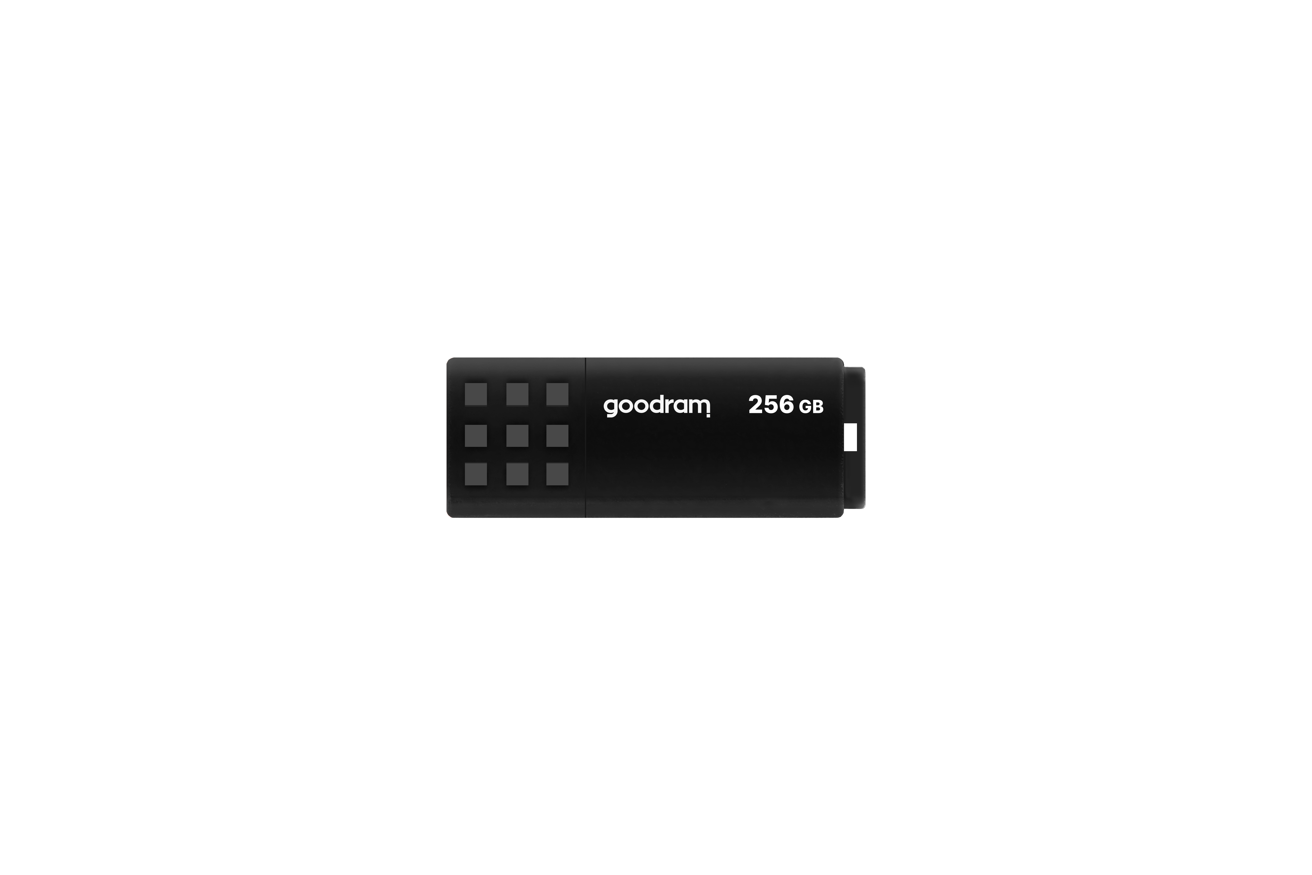 Czarny pendrive USB z napisem "goodram 256GB" na białym tle.