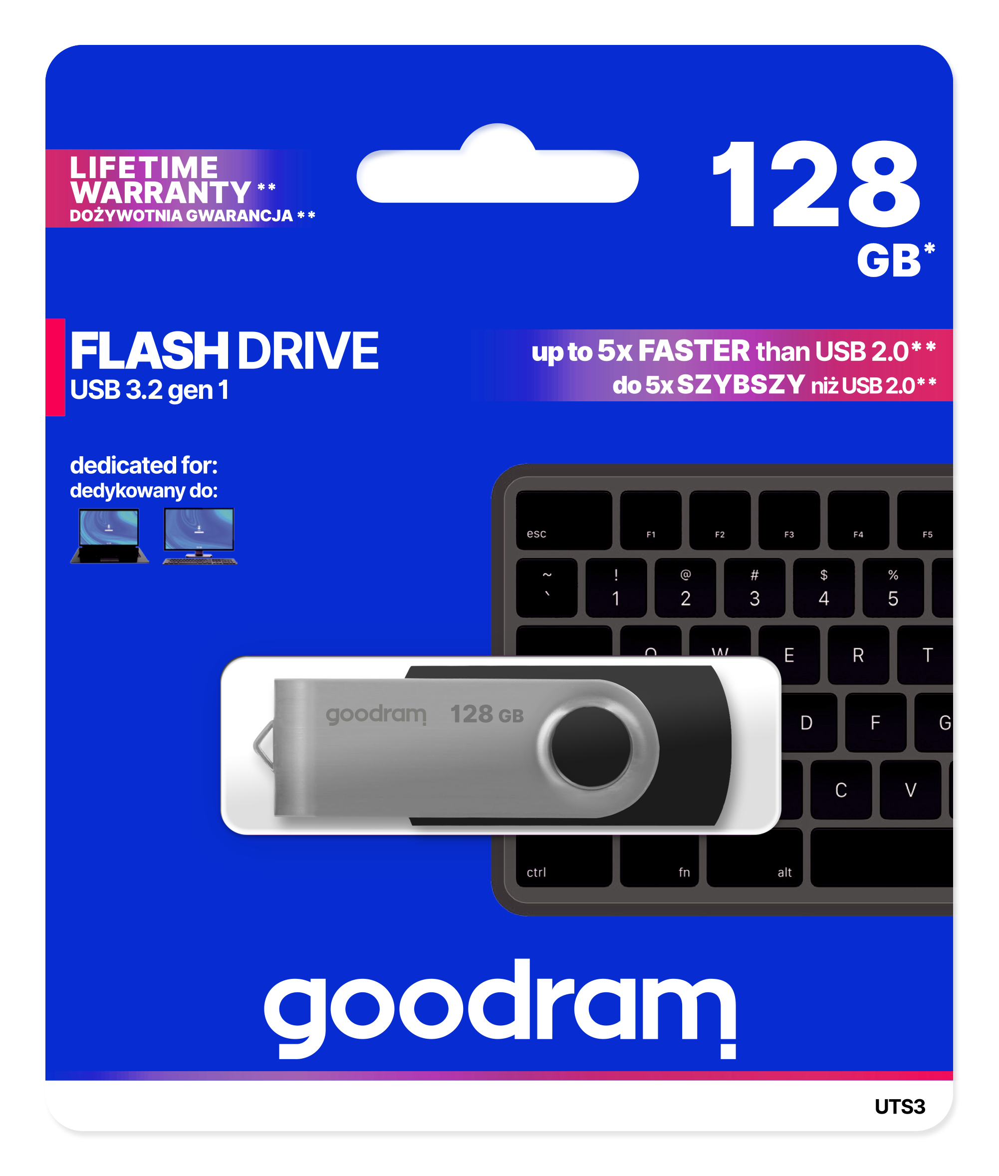 Pendrive w opakowaniu, z klawiaturą i tekstem: 128 GB.