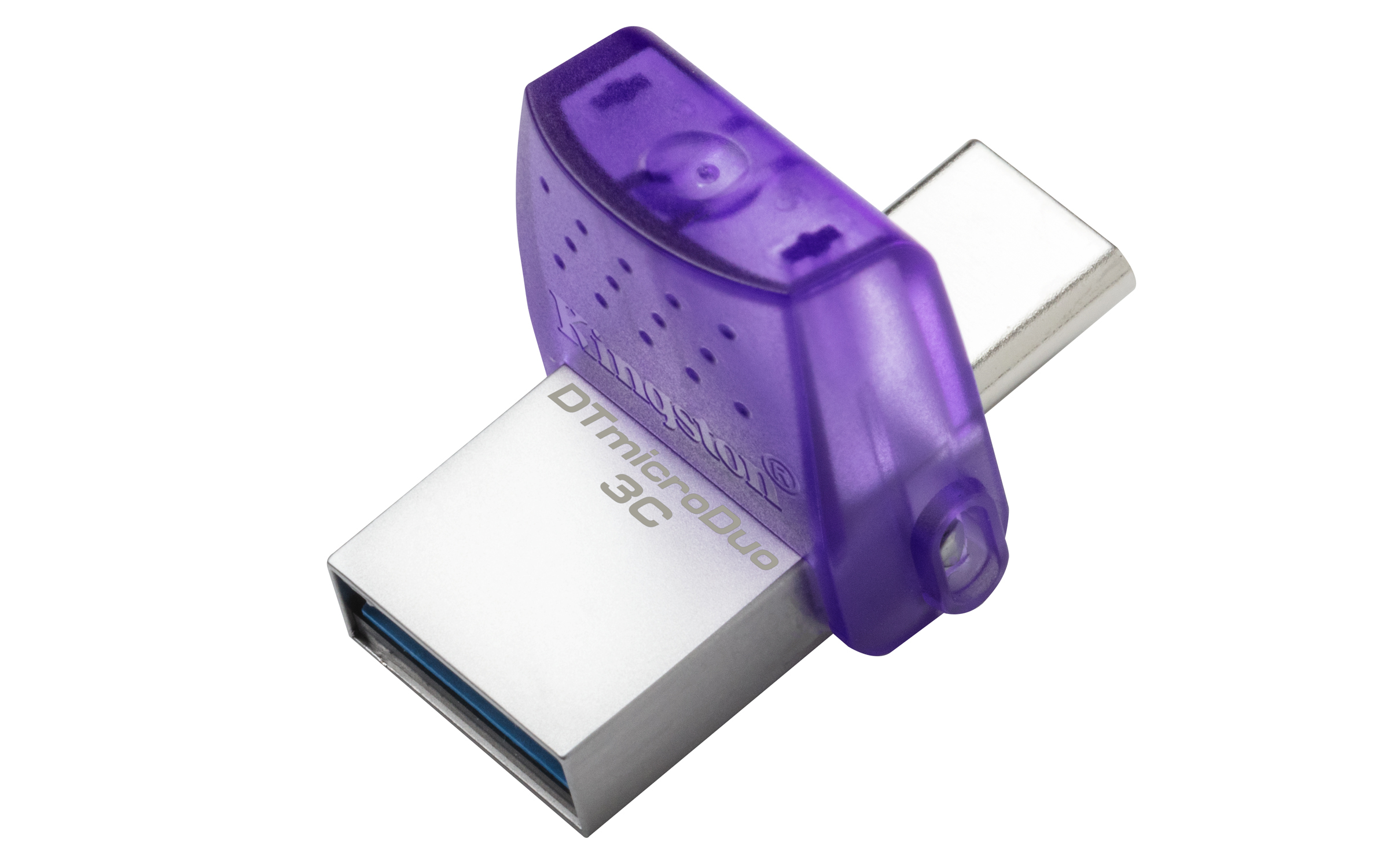 Fioletowy i srebrny pendrive USB ze złączem USB-C. Dysk jest oznaczony jako 'DTmicroDuo 3C'.