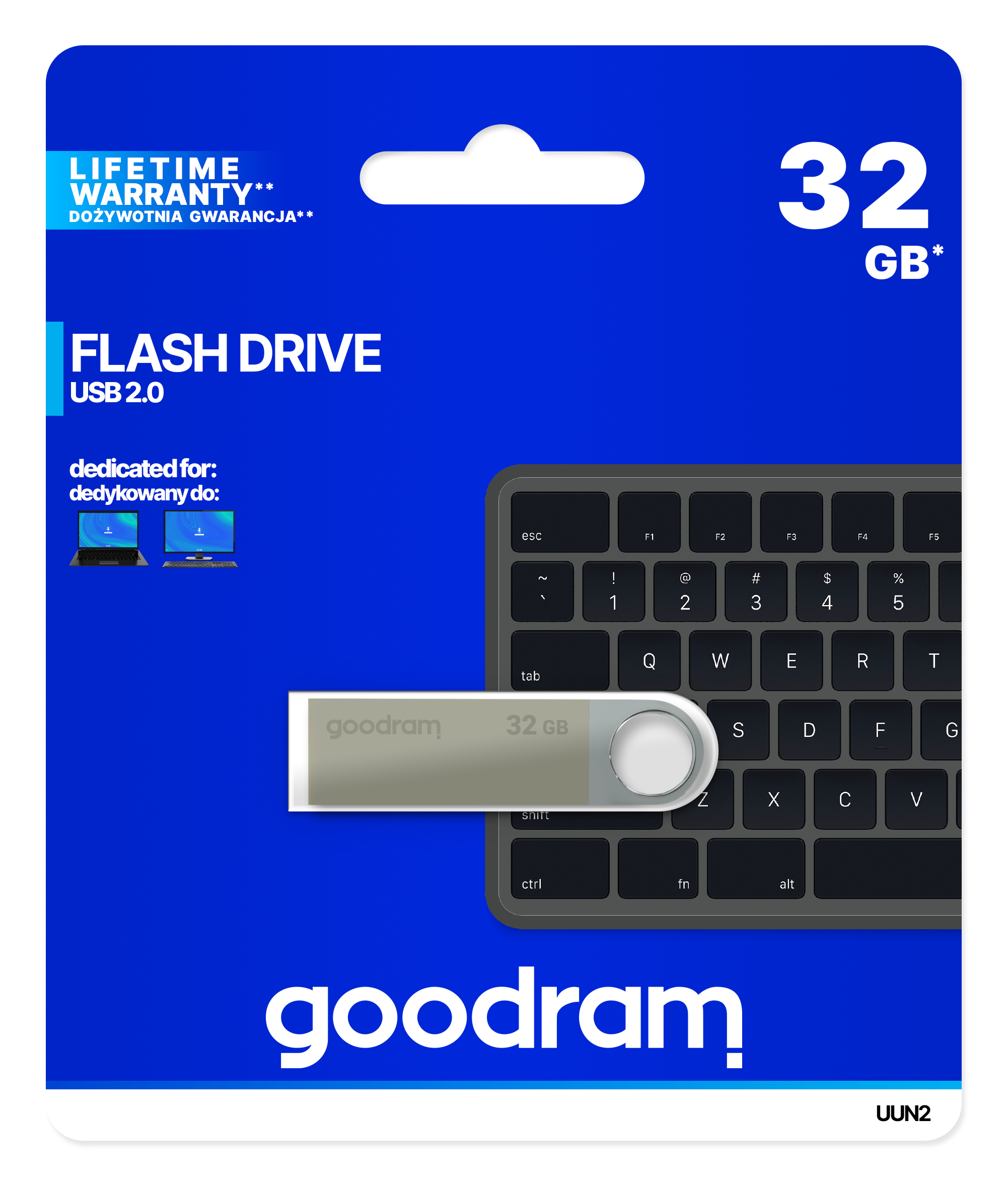 Opakowanie pendrive'a z klawiaturą i marką goodram. Tekst: '32 GB Flash Drive USB 2.0'.