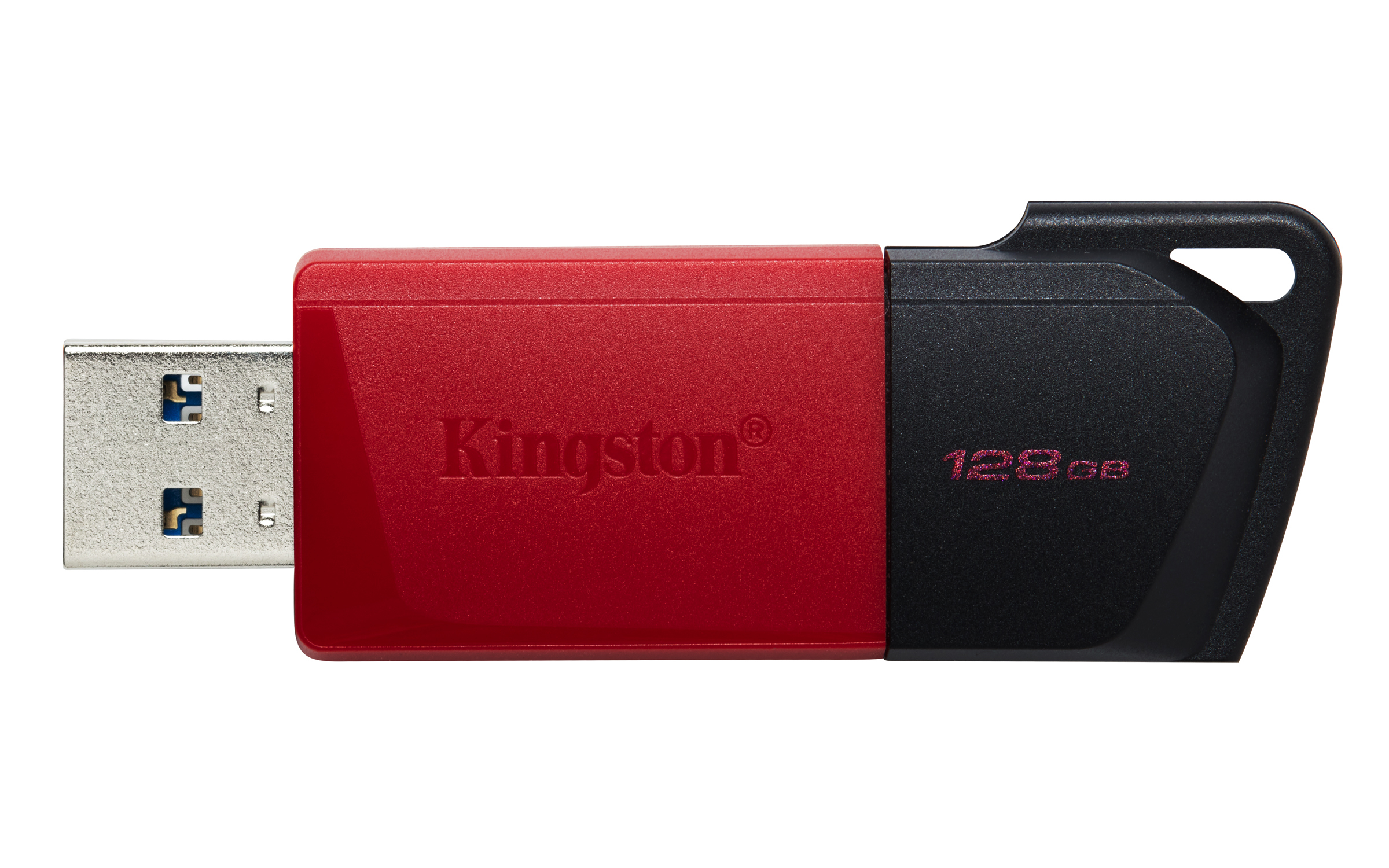 Czerwono-czarny pendrive Kingston z logo Kingston na białym tle.