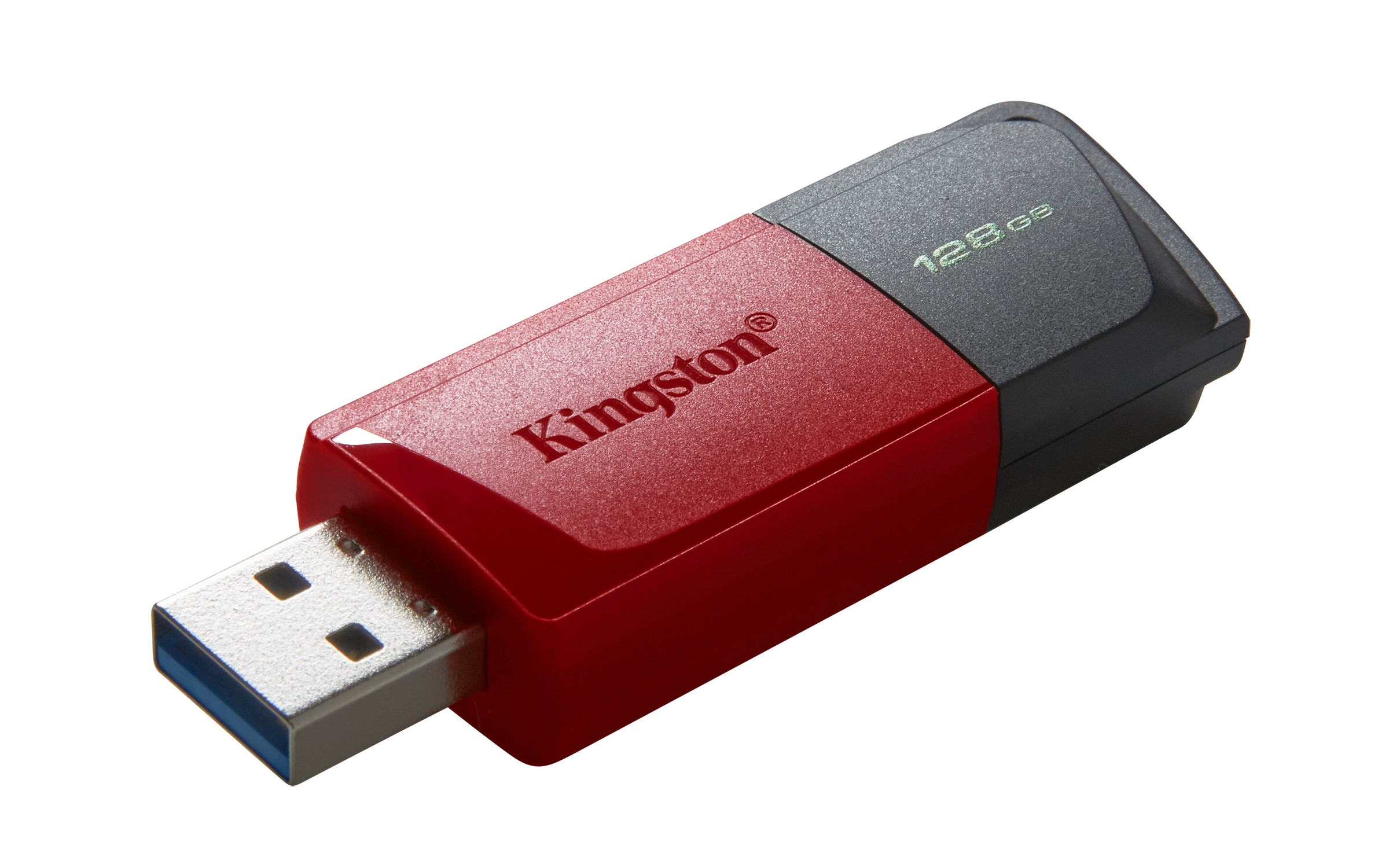 Czerwony i czarny pendrive Kingston z widoczną nazwą marki.