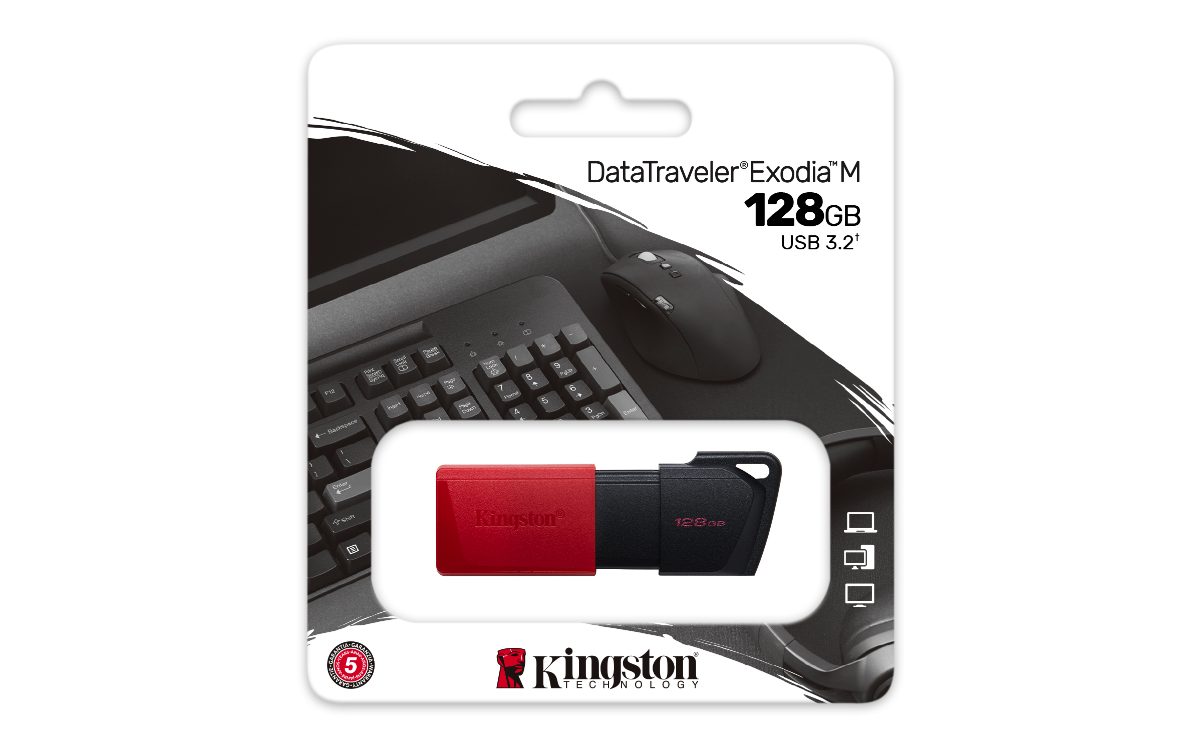 Pendrive w opakowaniu. Czerwono-czarny. Kingston, 128 GB. W tle klawiatura i mysz.