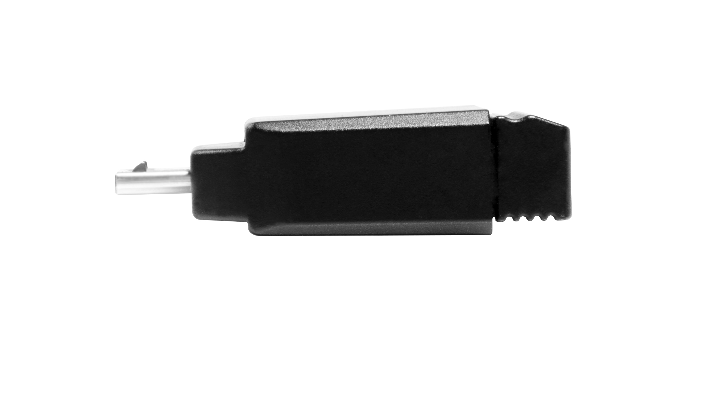 Zwarte USB-C adapter met een connector aan één kant en een getextureerde grip aan de andere kant.