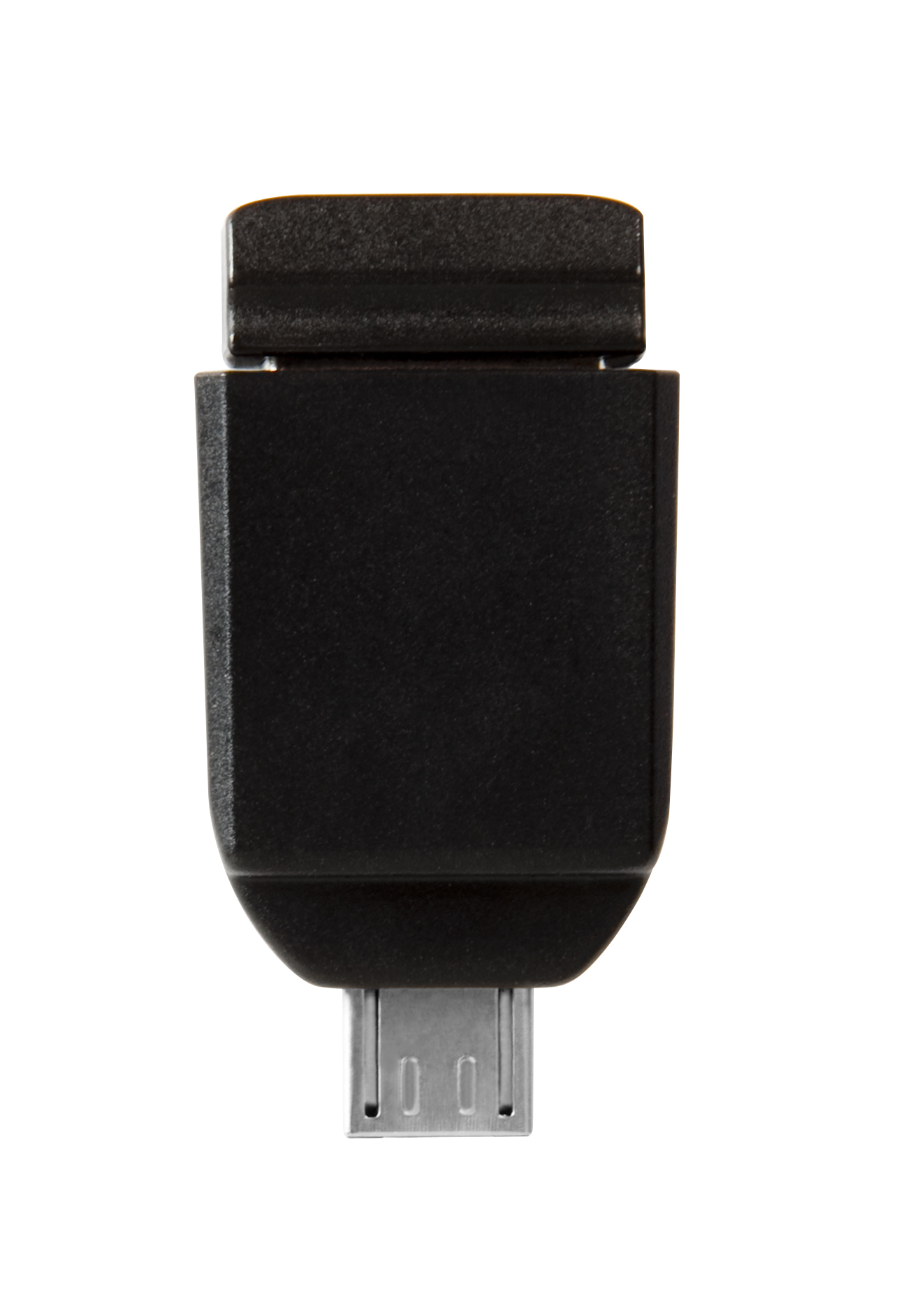Zwarte USB-adapter met connector. De USB-connector zit bovenop en de micro-USB aan de onderkant.