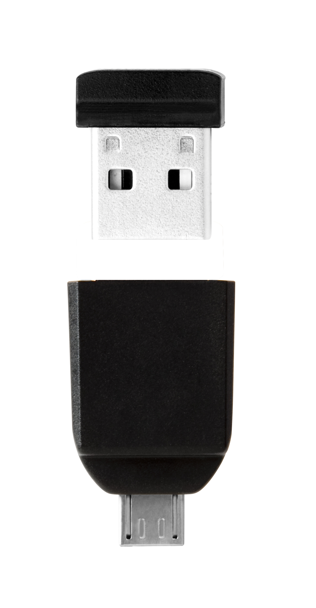 Zwarte USB-connector en micro-USB-adapter, geïsoleerd op witte achtergrond.