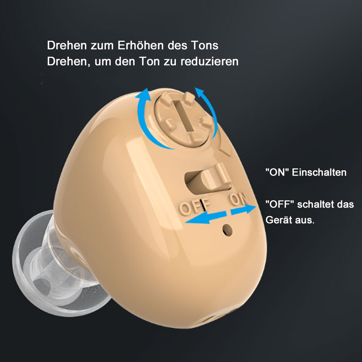 Beiger Ohrhörer mit Bedienelementen und Text auf dunklem Hintergrund, Pfeile zeigen an.