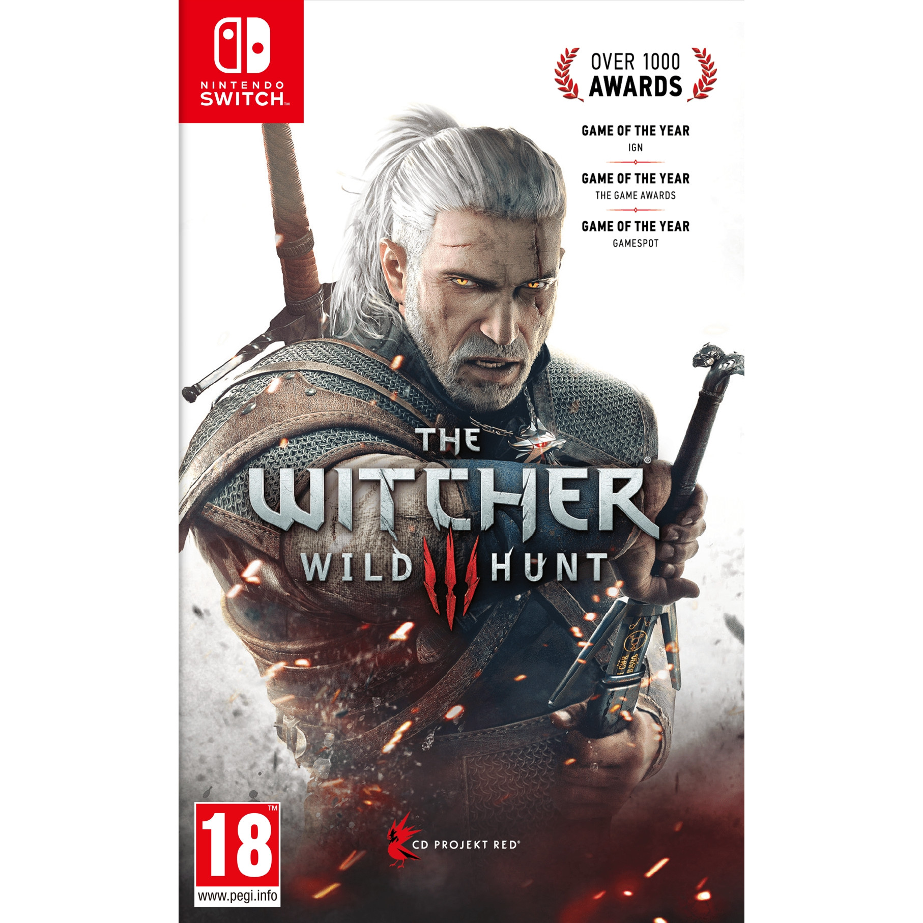 Copertina del gioco The Witcher 3: Wild Hunt su Nintendo Switch. Geralt con la spada.