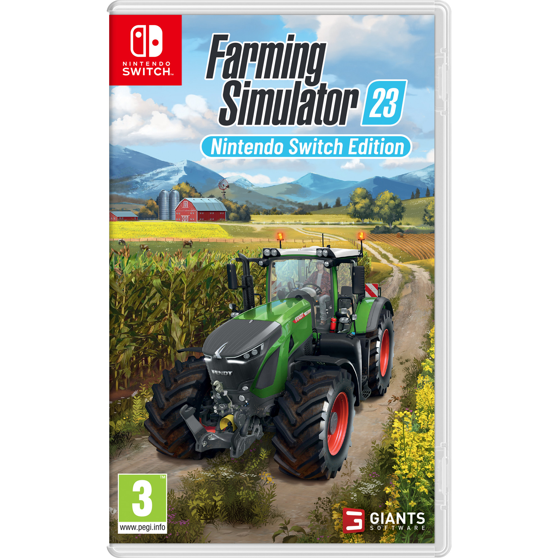Scatola del gioco Farming Simulator 23. Trattore verde su strada sterrata, montagne dietro.