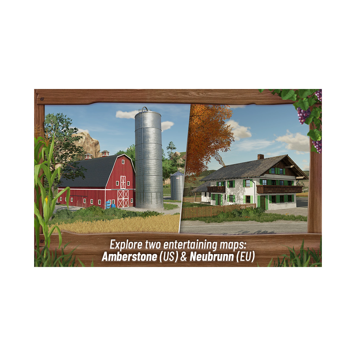 Screenshot di un gioco che mostra un fienile rosso, un silo e una casa bianca con persiane verdi, su una cornice di legno.
