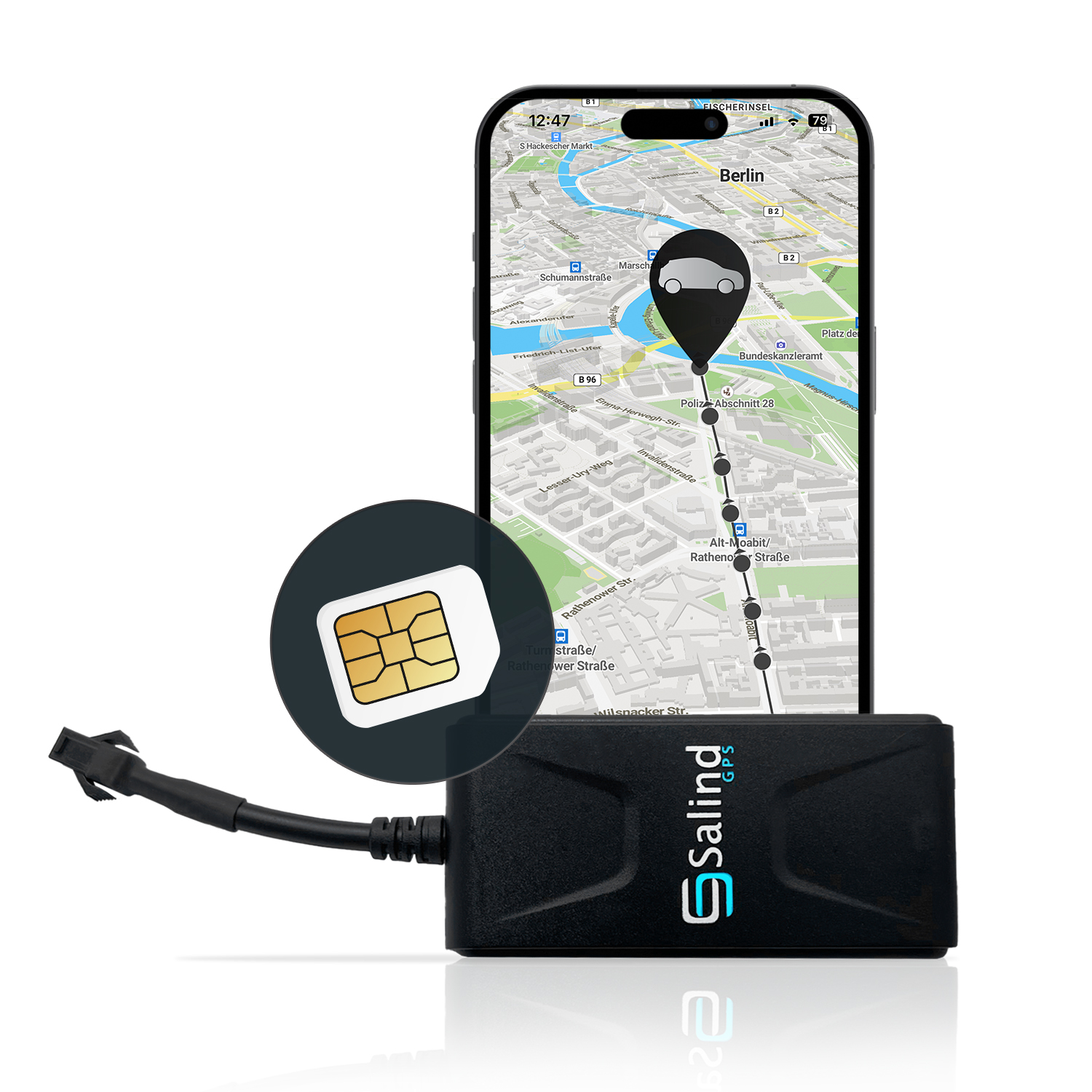 Smartphone, das eine Karte mit einem Autosymbol und einem GPS-Tracker anzeigt. Eine SIM-Karte ist ebenfalls sichtbar.