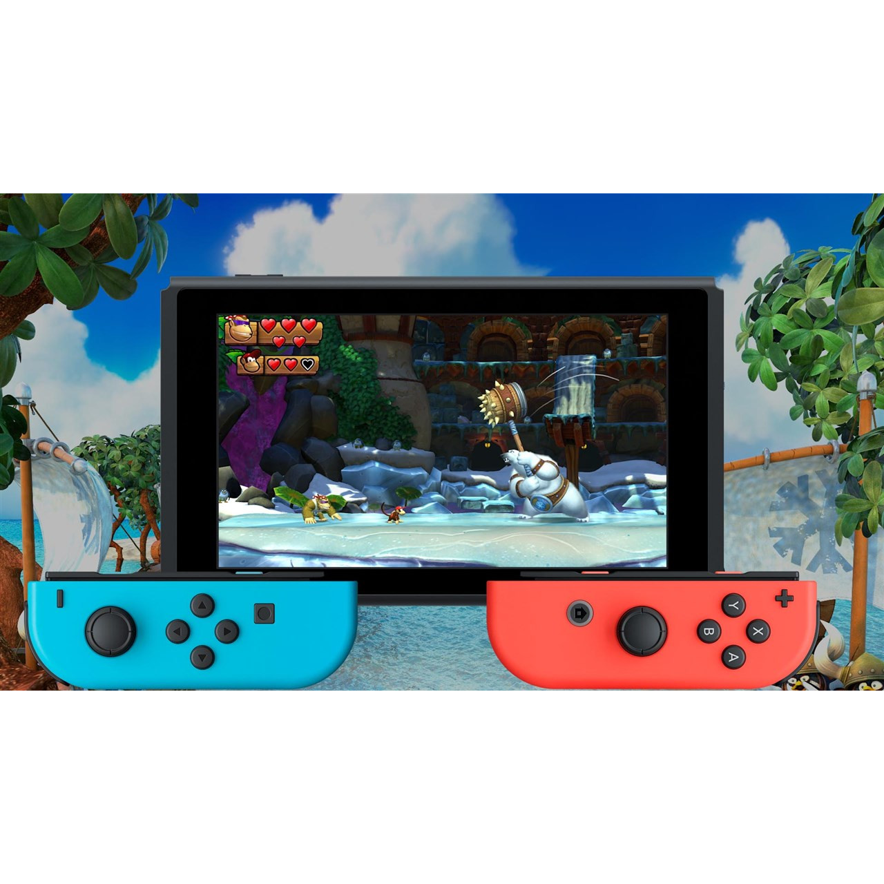 Nintendo Switch with blue and red controllers, playing a game on a frozen landscape.
