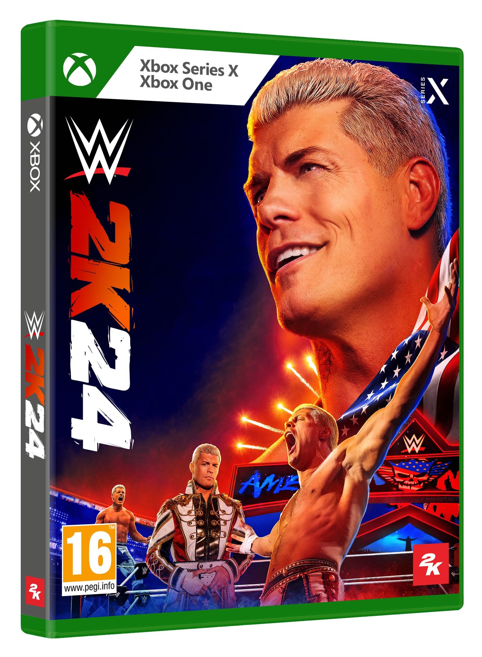 Una scatola di videogiochi mostra un uomo con un volto sorridente e una bandiera americana. Il gioco è WWE 2K24.