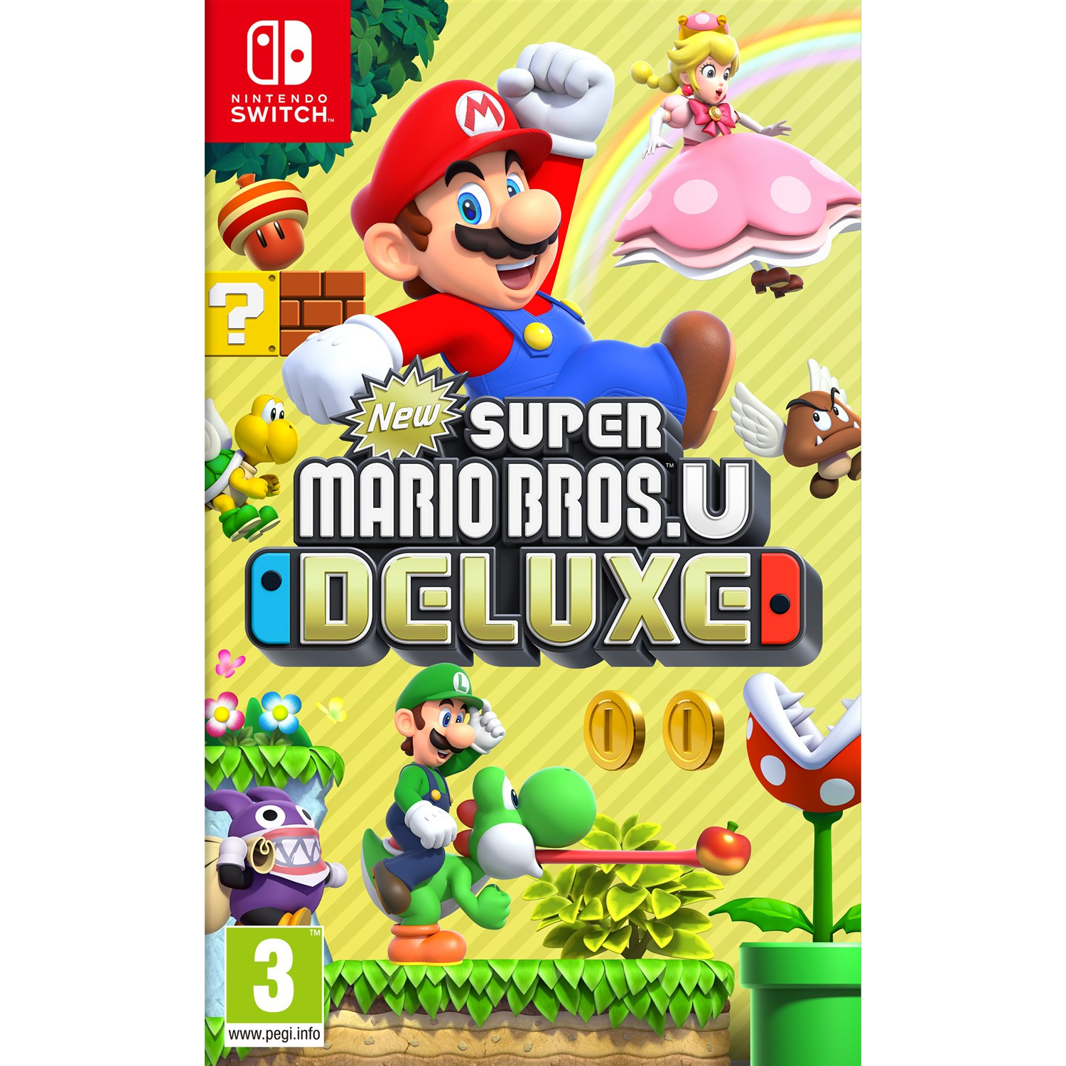 Okładka gry New Super Mario Bros. U Deluxe. Mario i Luigi są przedstawieni z innymi postaciami i elementami gry.