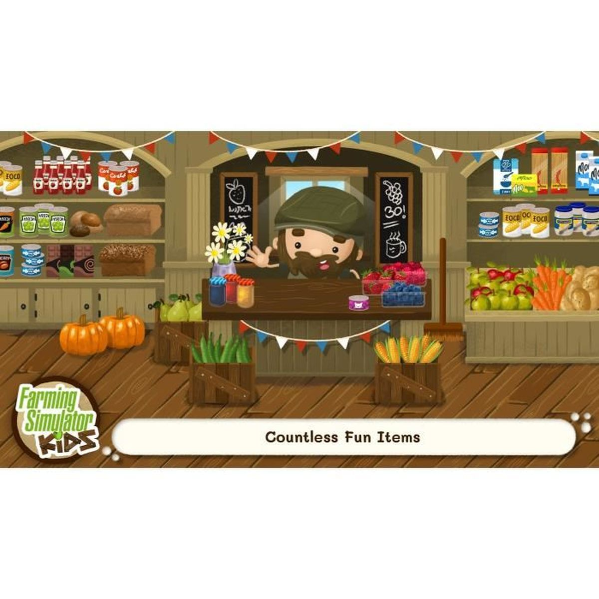 Scena di Farming Simulator Kids. Un agricoltore è in un negozio con vari oggetti, bancarelle e scaffali in legno.