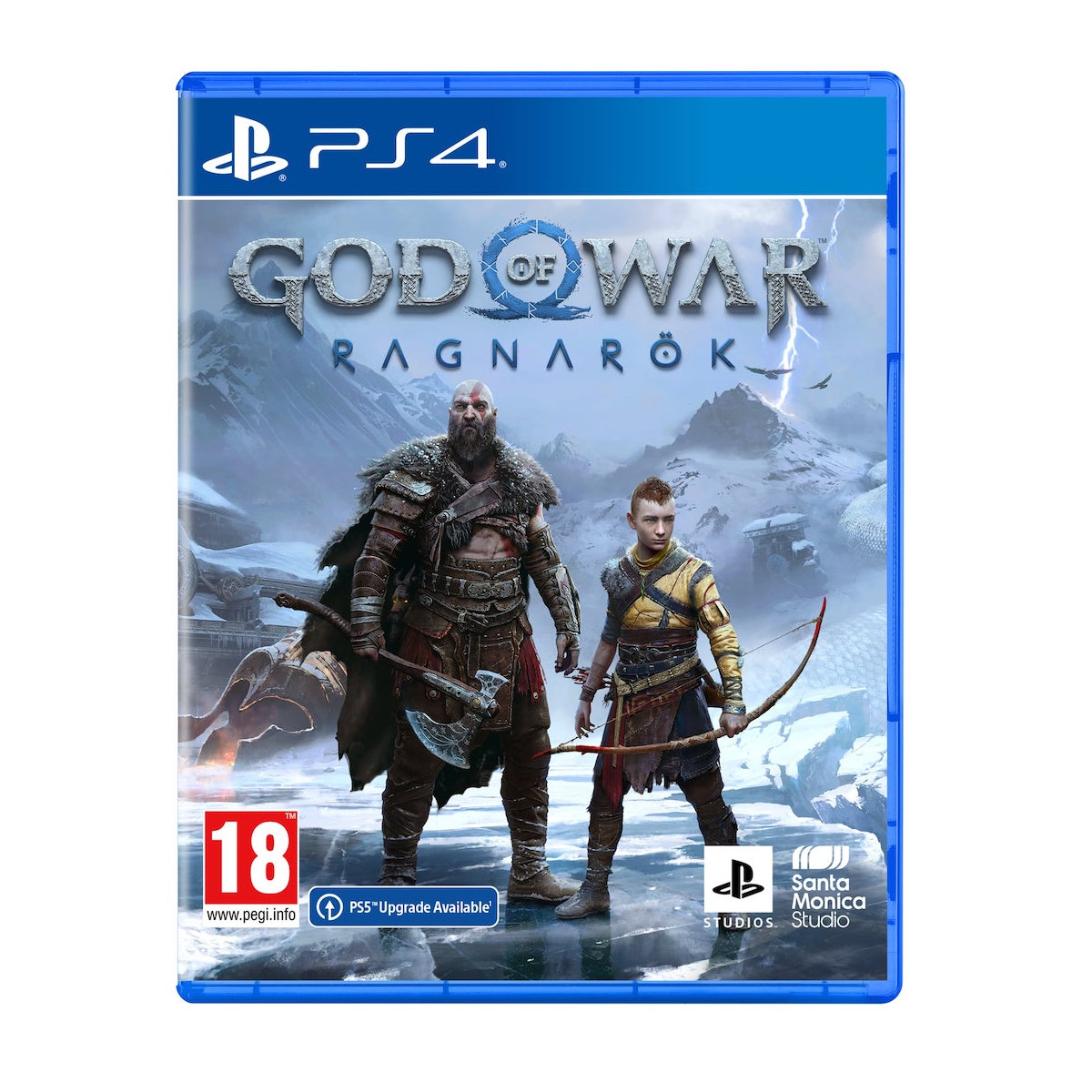 PS4 game case: God of War Ragnarok. Kratos en Atreus staan met wapens in een besneeuwd berglandschap.