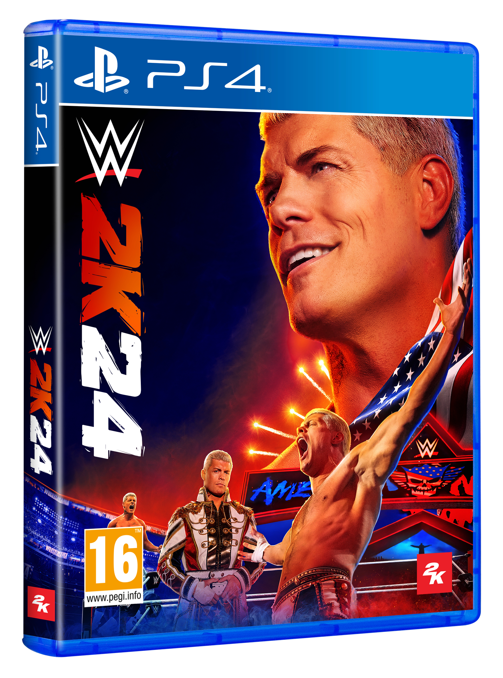 Scatola del gioco per WWE 2K24. Cody Rhodes sulla copertina, con altri lottatori e il titolo del gioco.