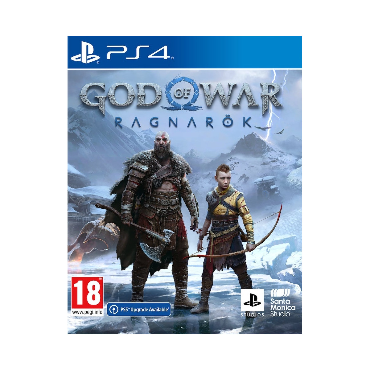 Game box art: Twee personages met besneeuwde berg achtergrond. Tekst: 'God of War Ragnarok' op PS4 doos.