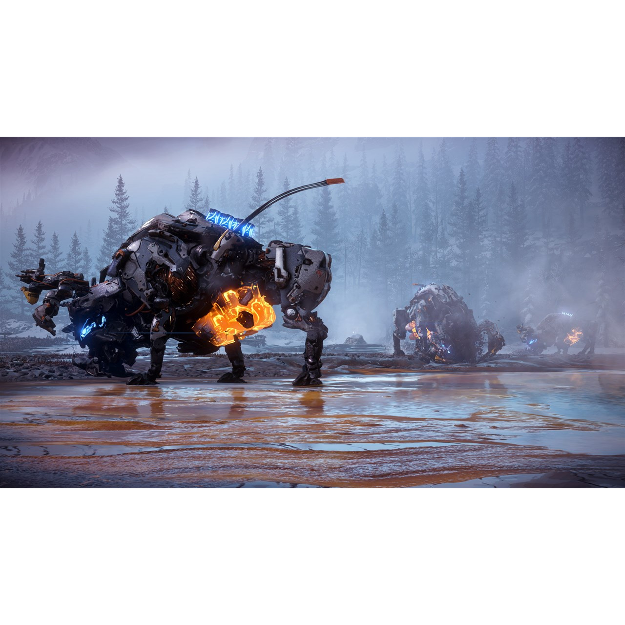 Creature simili a robot in un paesaggio forestale innevato, con luci arancioni e blu brillanti.