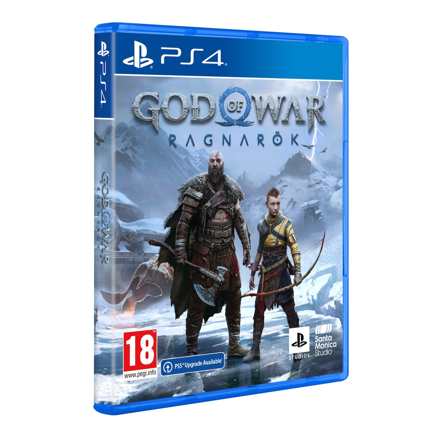 Game case voor God of War Ragnarok. Toont twee personages in een besneeuwd, bergachtig landschap.
