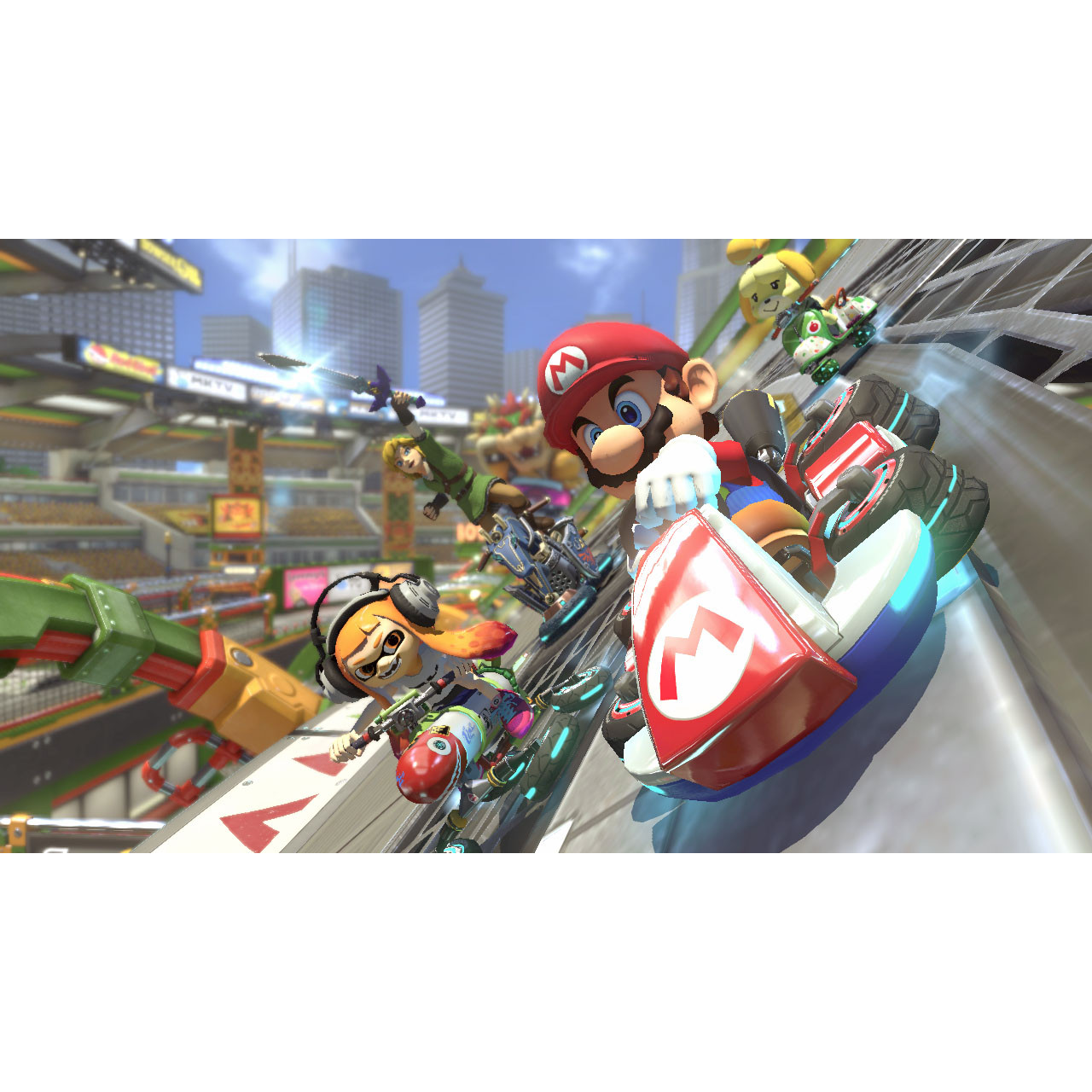 Ekran gry Mario Kart 8 Deluxe, z Mario, Inklingiem, Linkiem i innymi postaciami ścigającymi się na torze.
