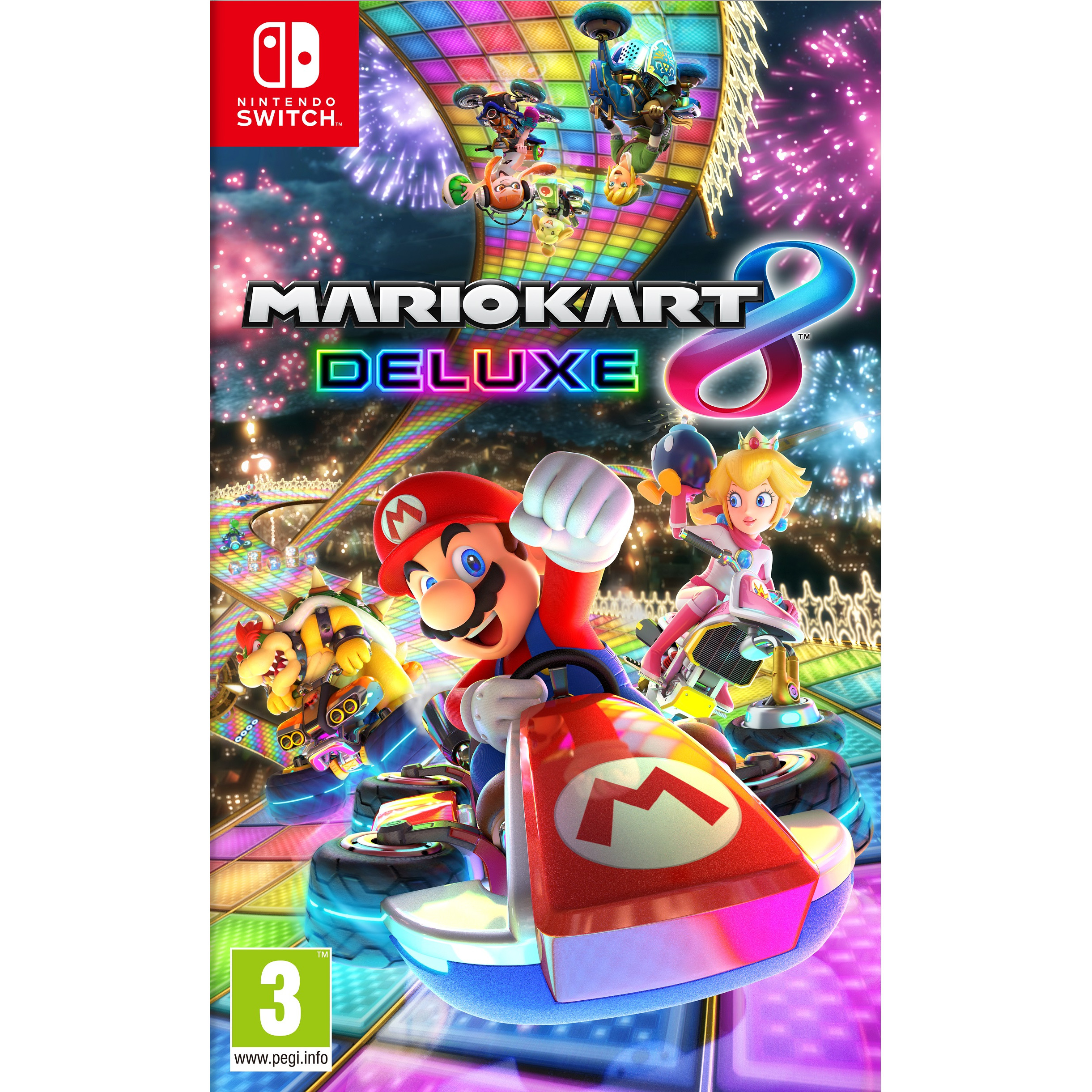 Okładka gry Mario Kart 8 Deluxe z Mario, Peach i Bowserem ścigającymi się na torze, Nintendo Switch.