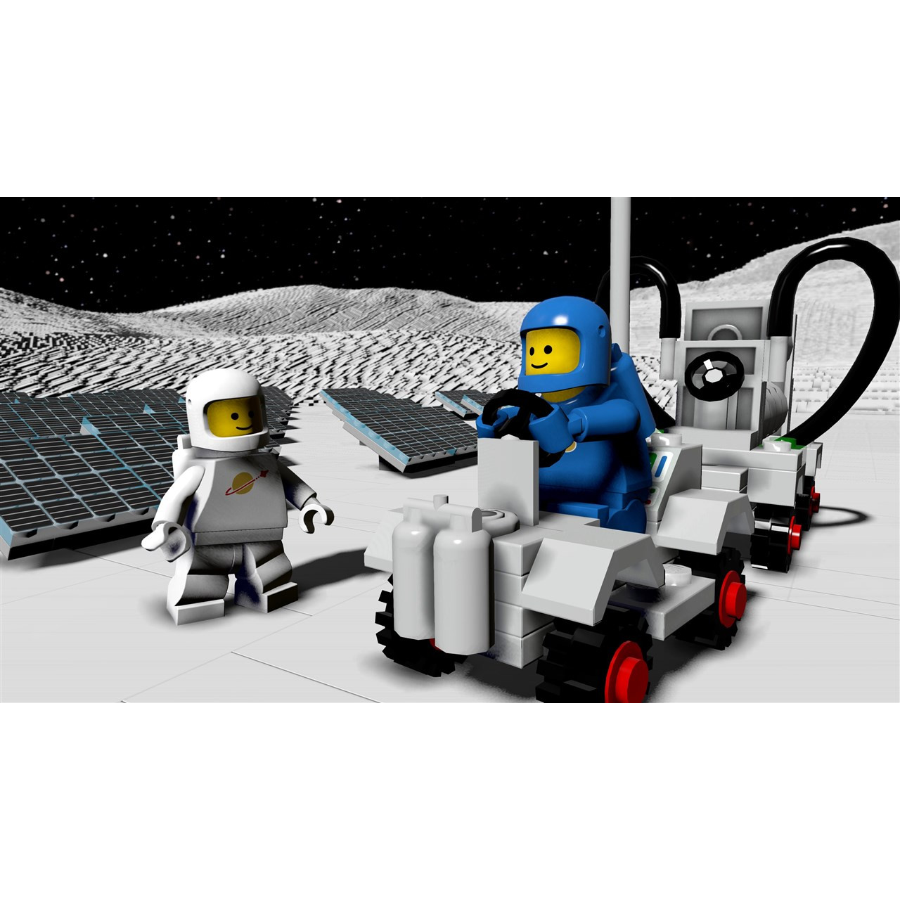 Astronauci Lego na powierzchni księżyca, z łazikiem i panelami słonecznymi.
