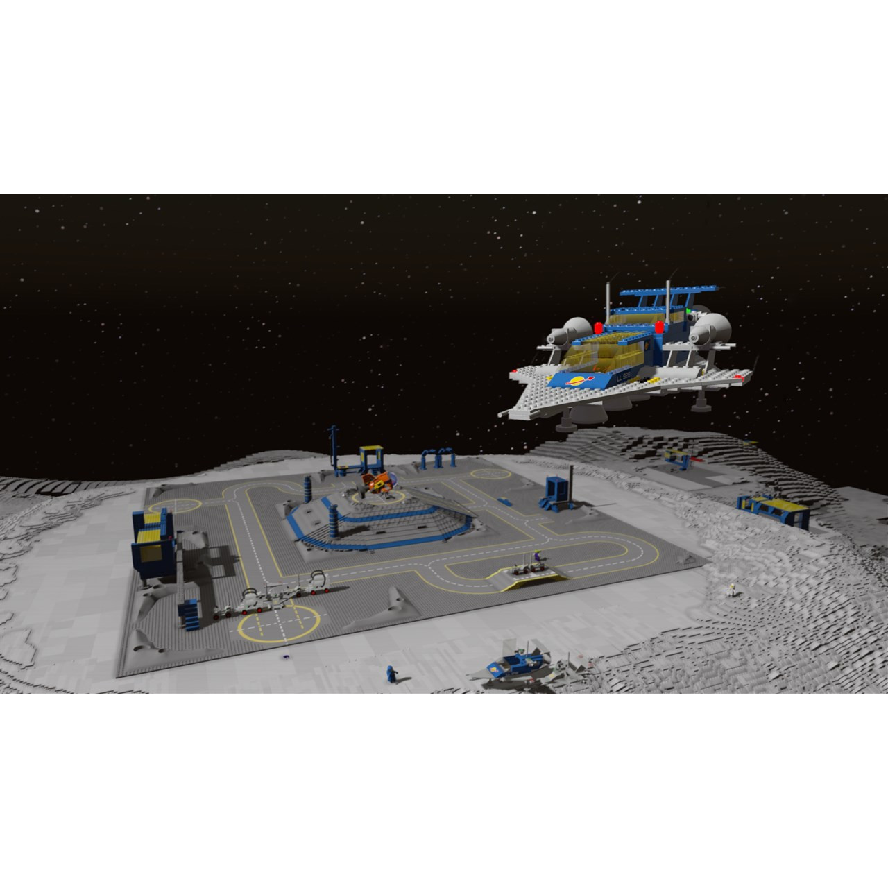 Scena Lego na powierzchni księżyca z statkiem kosmicznym i bazą z torem i budynkami.