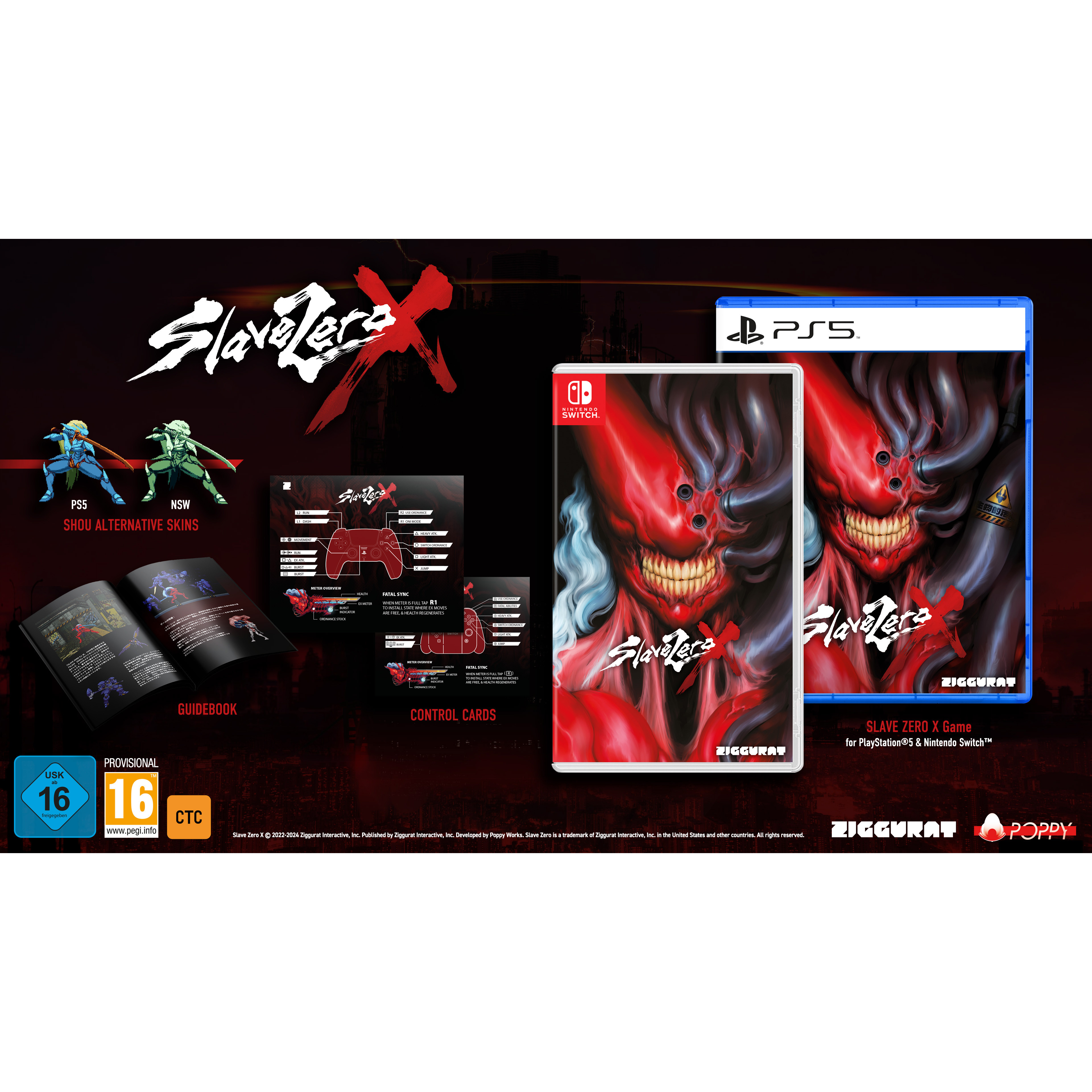 Copertina del gioco Slaveters X. Sono mostrate le copertine dei giochi PS5 e Switch, la guida e le schede di controllo.