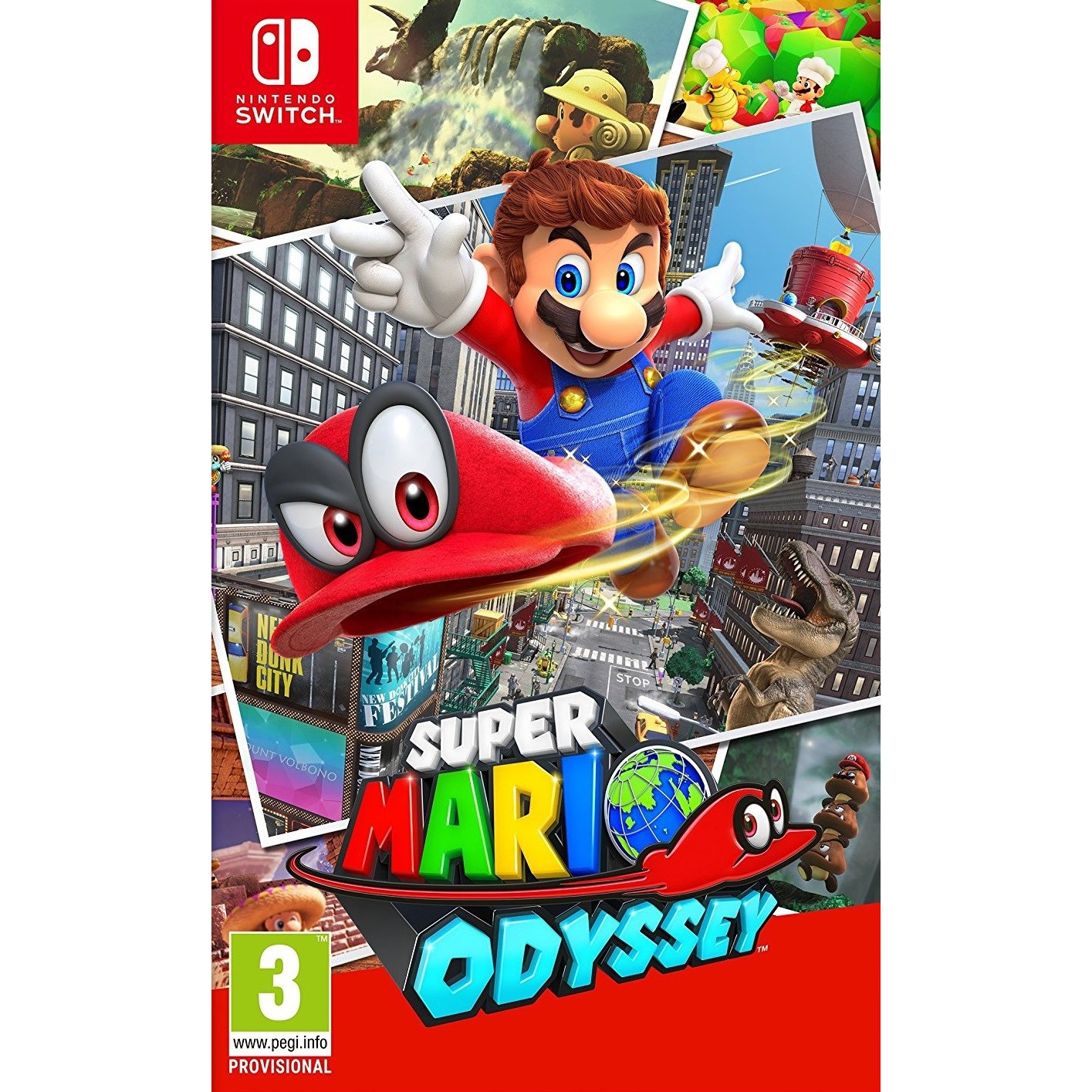 Copertina del gioco Super Mario Odyssey. Mario in aria sopra una scena cittadina.