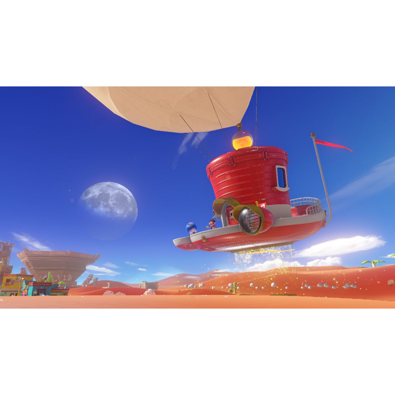 Un veicolo rosso che vola nel deserto. Luna nel cielo e paesaggio desertico.