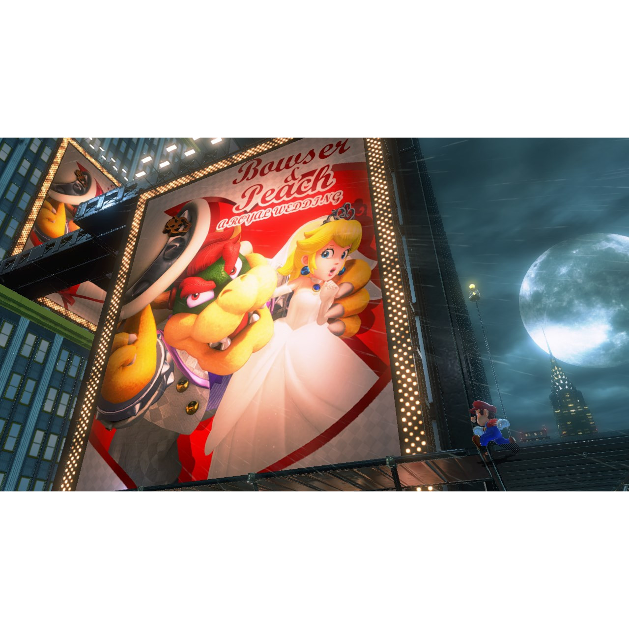 Un grande cartellone pubblicitario con Bowser e Peach per un matrimonio reale, con Mario che si arrampica sullo sfondo.
