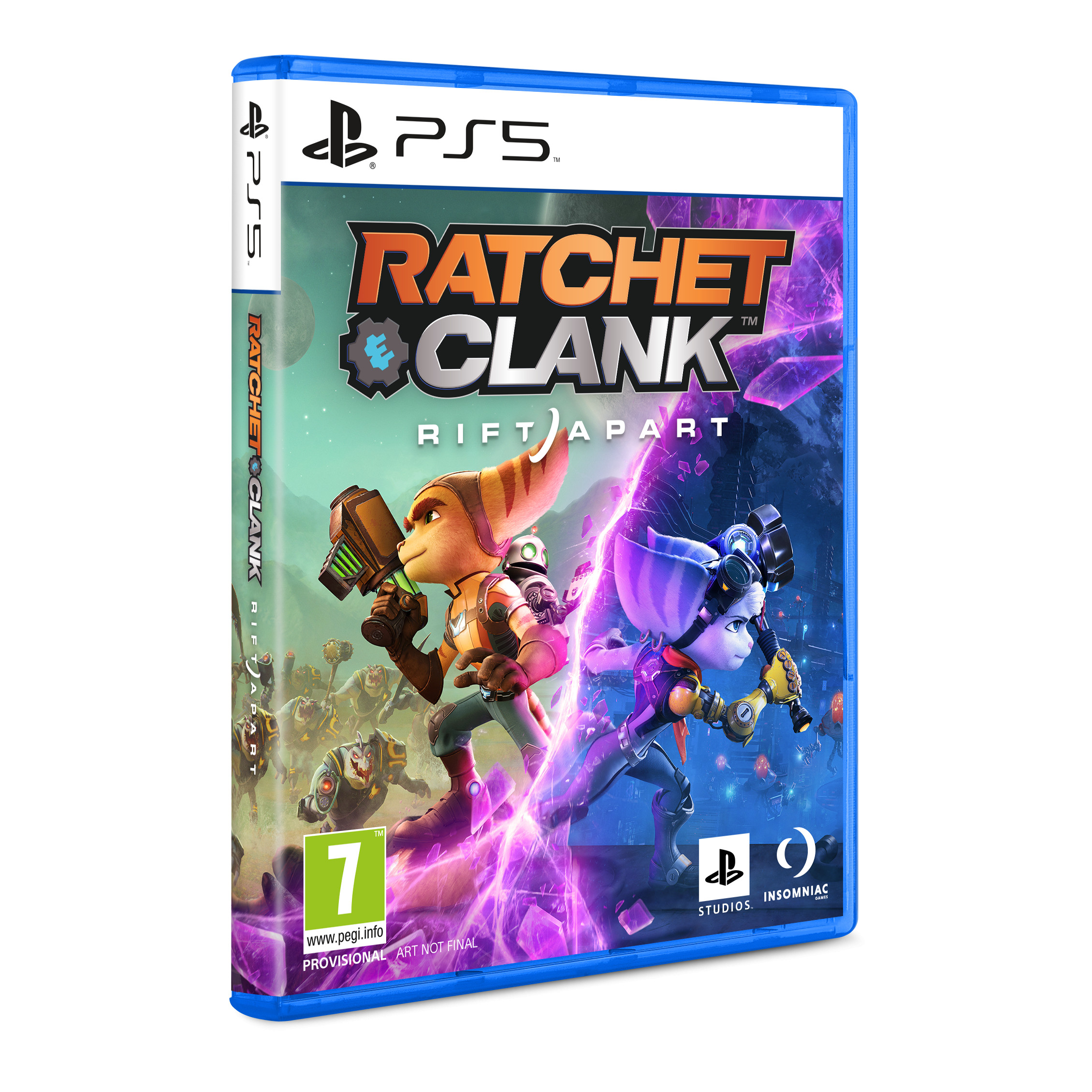Copertina del gioco "Ratchet & Clank: Rift Apart" con due personaggi in azione, su uno sfondo blu.