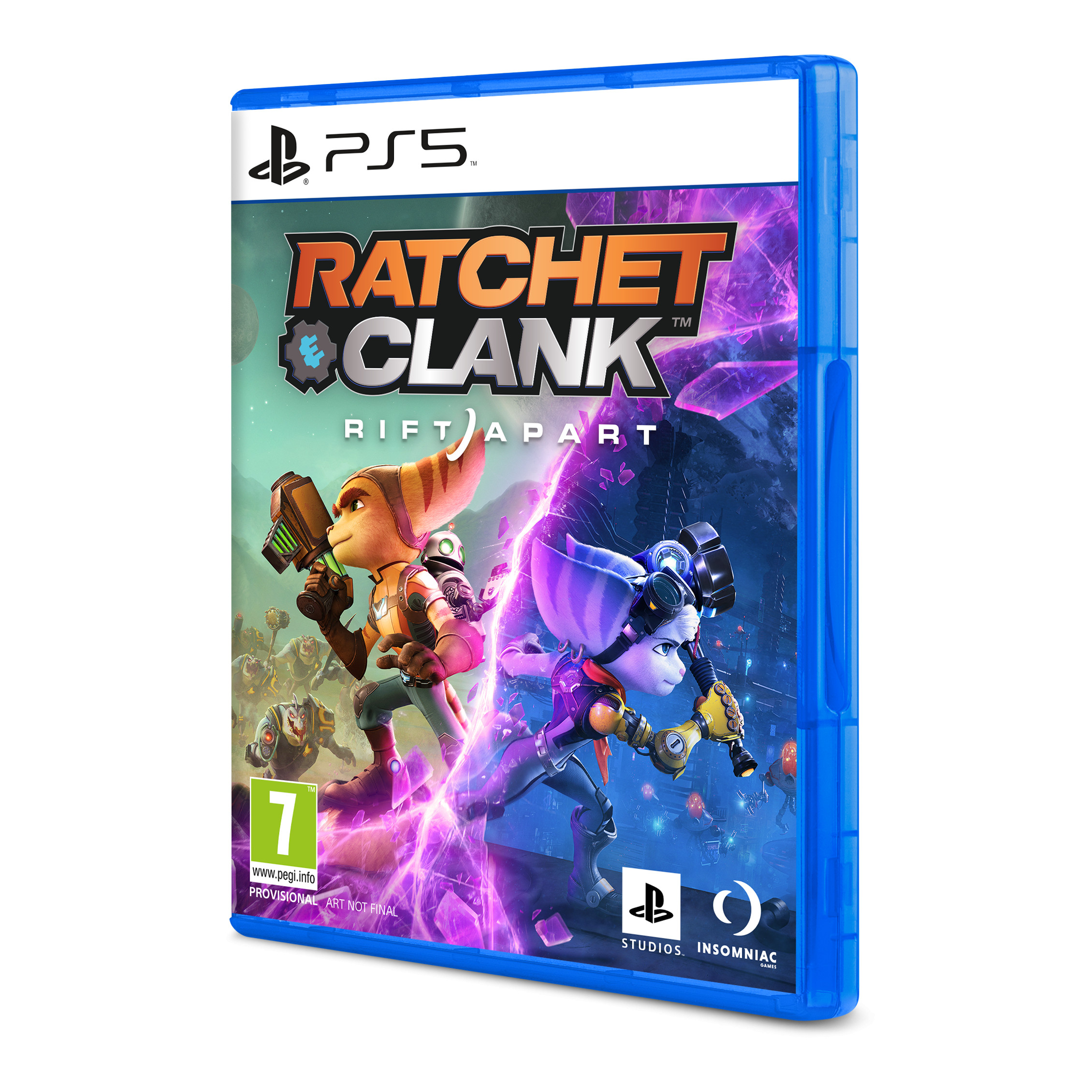 Scatola del gioco Ratchet & Clank: Rift Apart per PS5. Due personaggi sono visibili sulla copertina.
