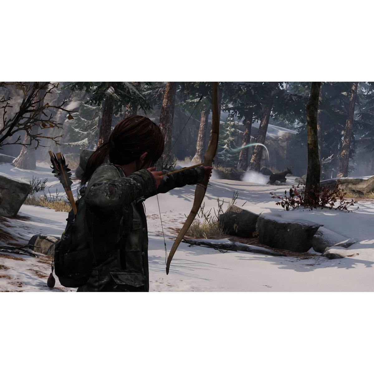 Un personaggio che mira con arco e freccia in una foresta innevata, con un cervo sullo sfondo.