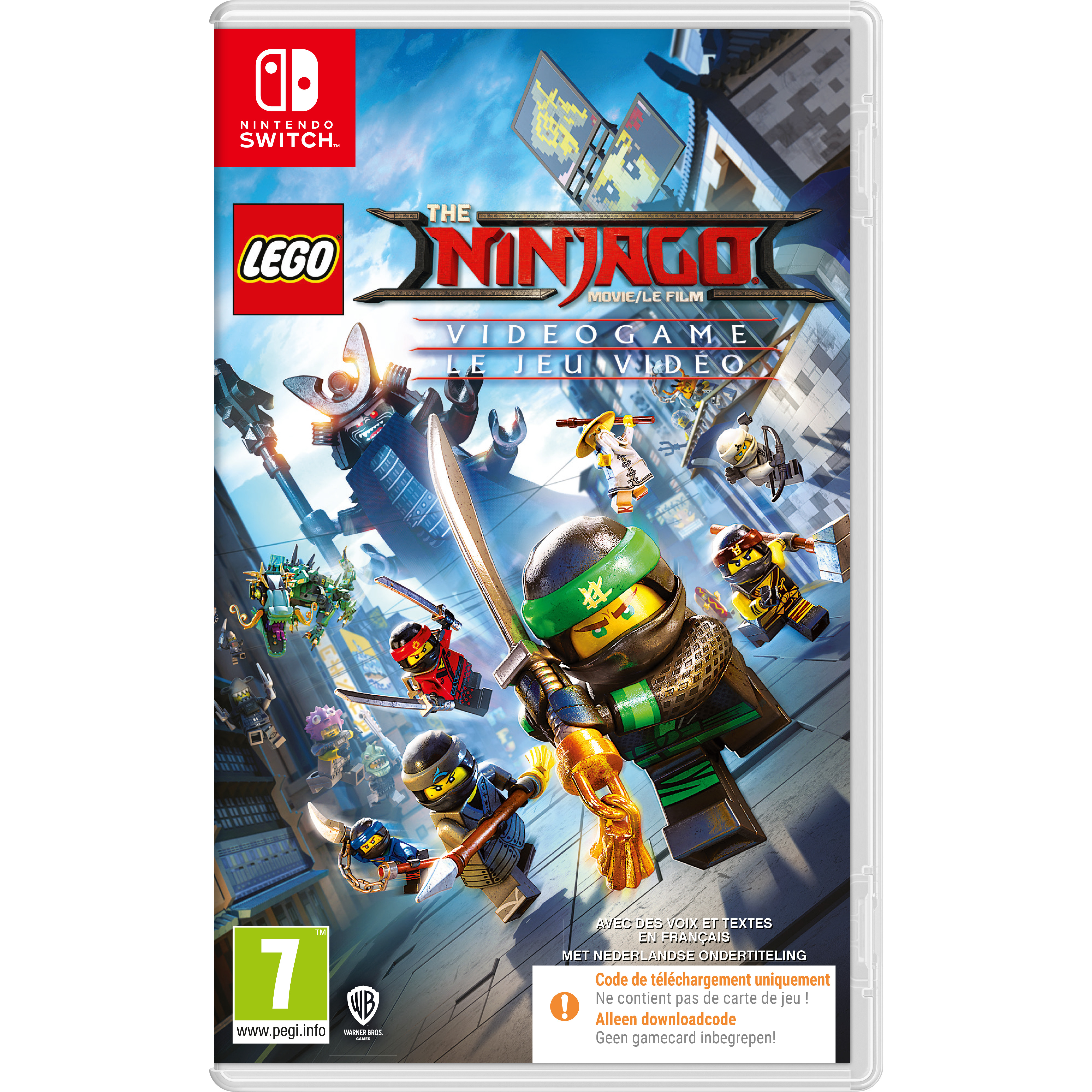 Copertina del videogioco Lego Ninjago con personaggi Lego e un ninja al centro.