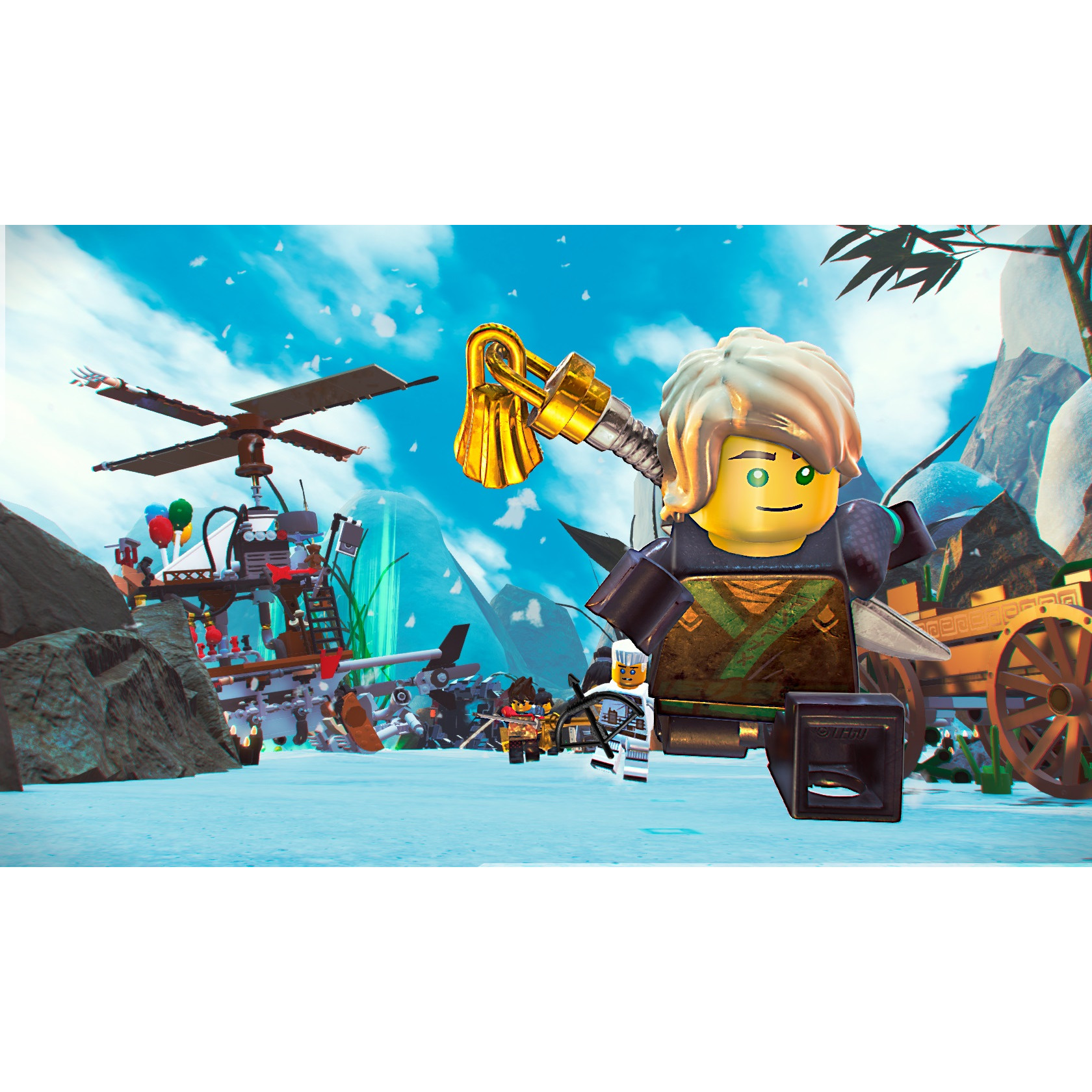 Personaggi Lego Ninjago in una scena innevata. Un elicottero e un carrello sullo sfondo.