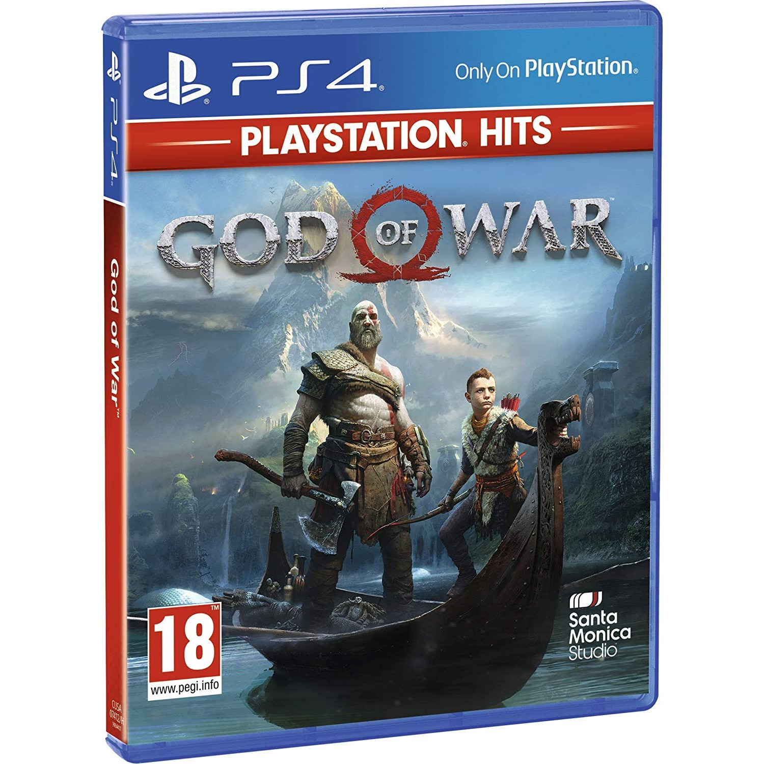 Scatola del gioco God of War. Kratos e Atreus in una barca, con lettere rosse sulla scatola.