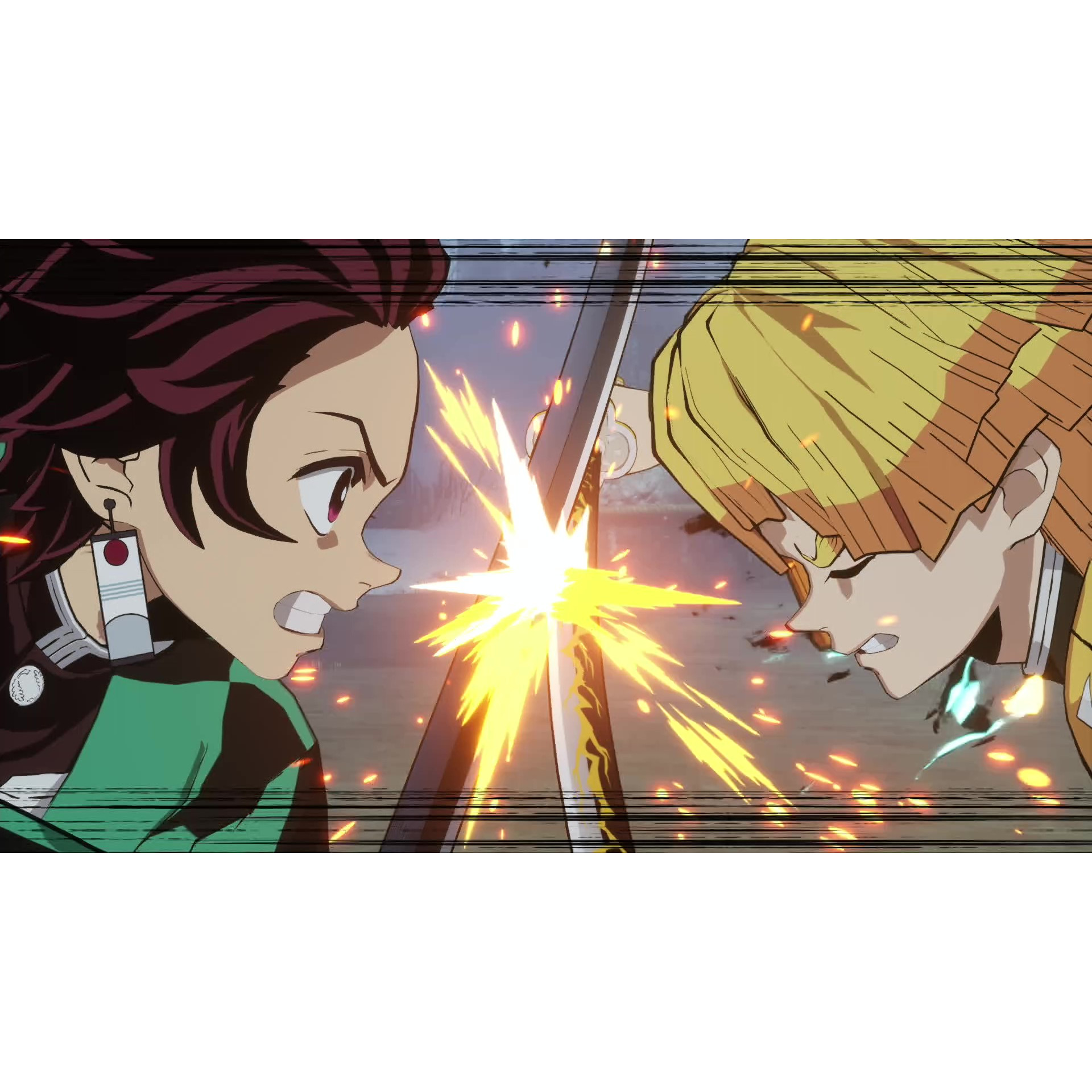 Twee anime-personages zijn in een zwaardgevecht, met een felle lichtflits, uit een vechtspel.