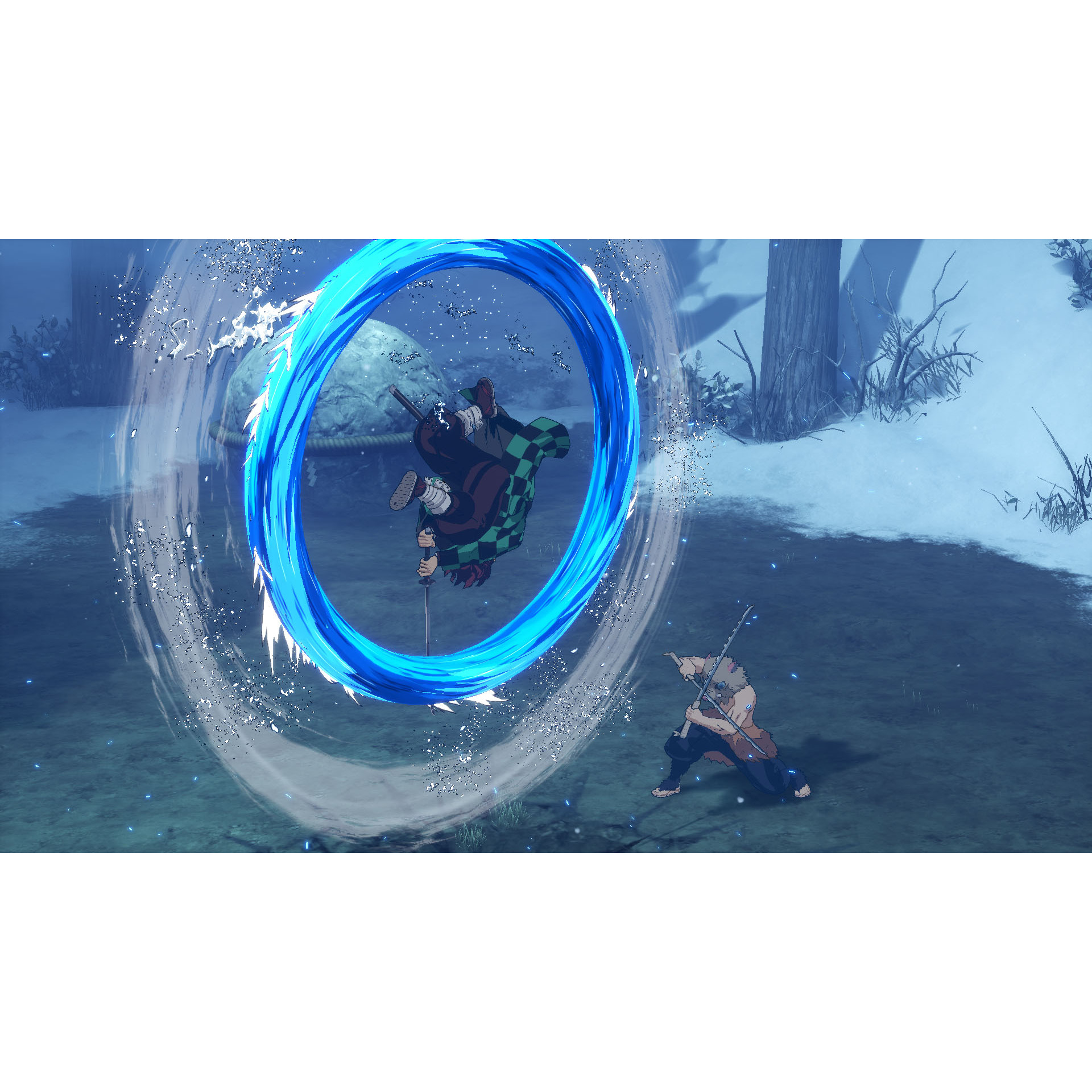 Demon Slayer game scene. Een personage gebruikt een blauwe water-gebaseerde aanval in een besneeuwd bos.