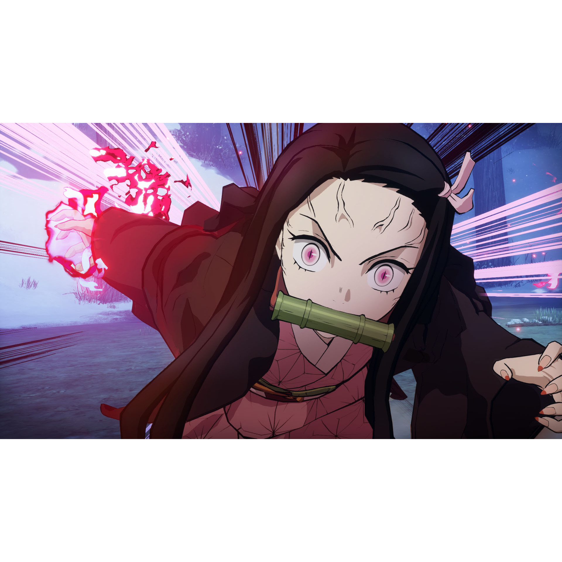 Anime meisje met roze ogen en bamboe in de mond, rode energie om haar heen. Bos achtergrond.