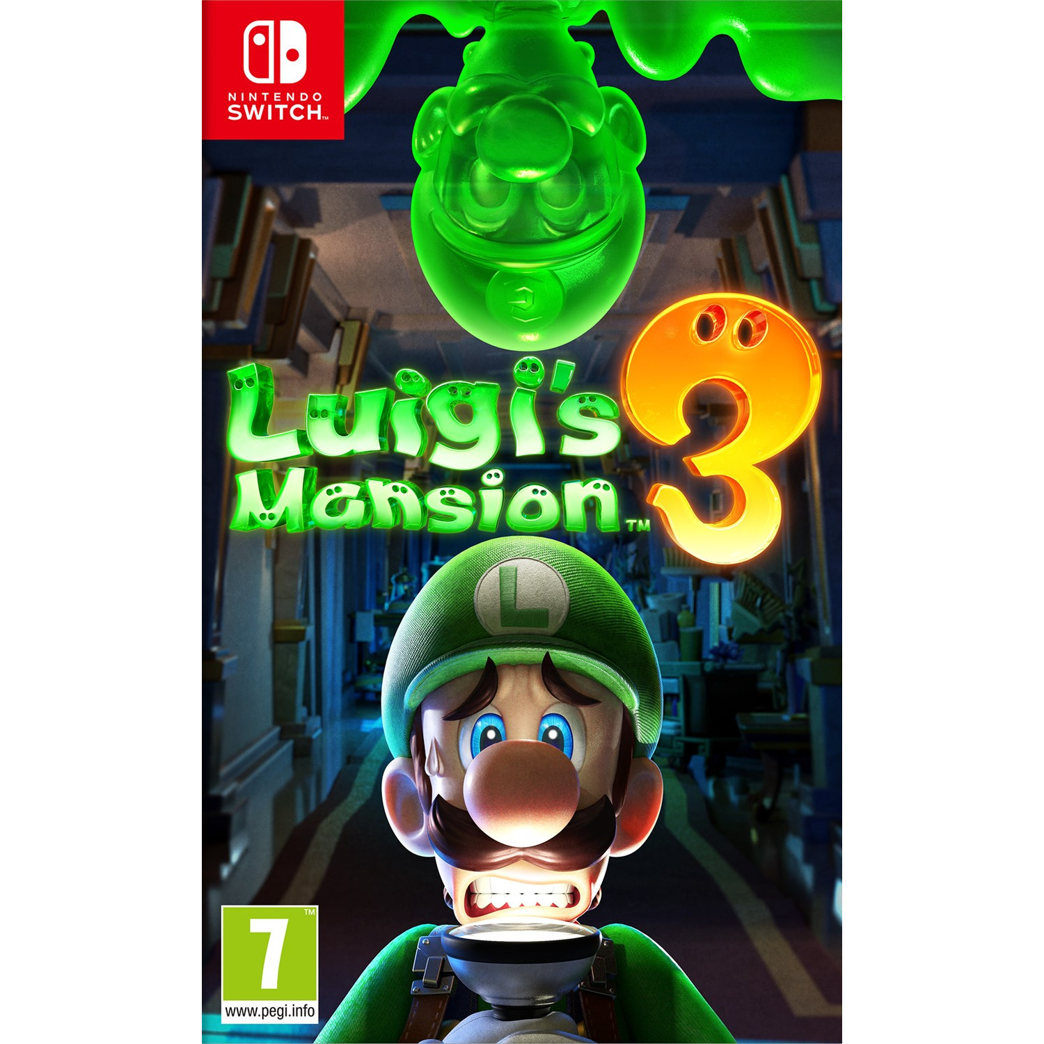 Okładka gry Luigi's Mansion 3. Luigi, duch, cyfra 3, logo Nintendo Switch.